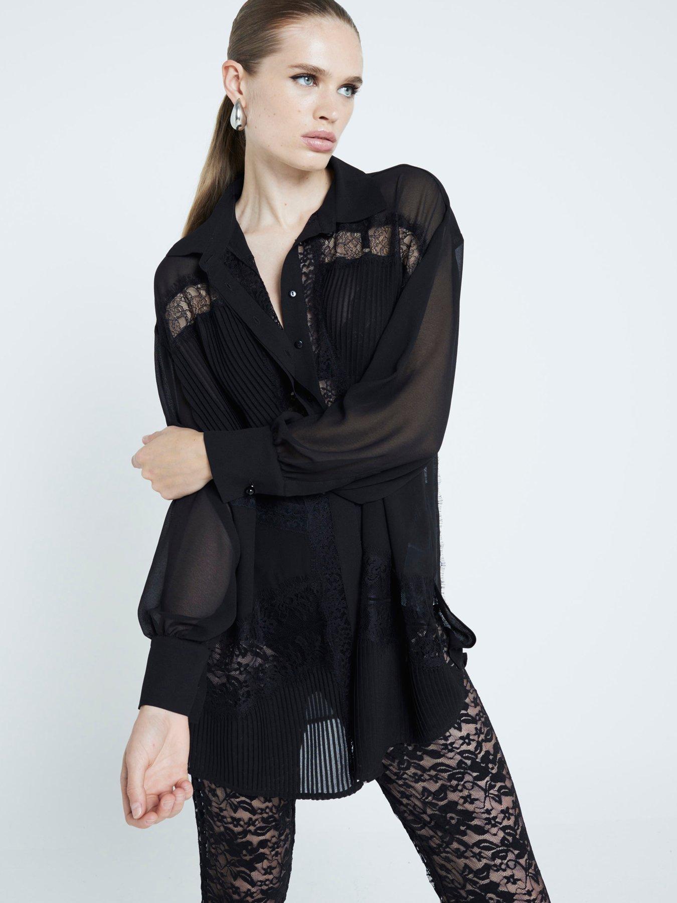 undefined Lace Chiffon Oversized Shirt - Black