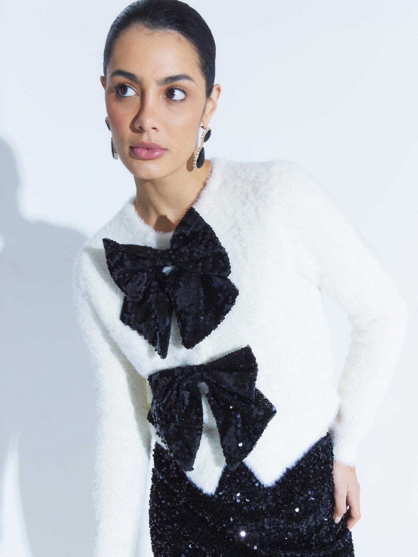 undefined Sequin Bow Fluff Cardigan - Cream