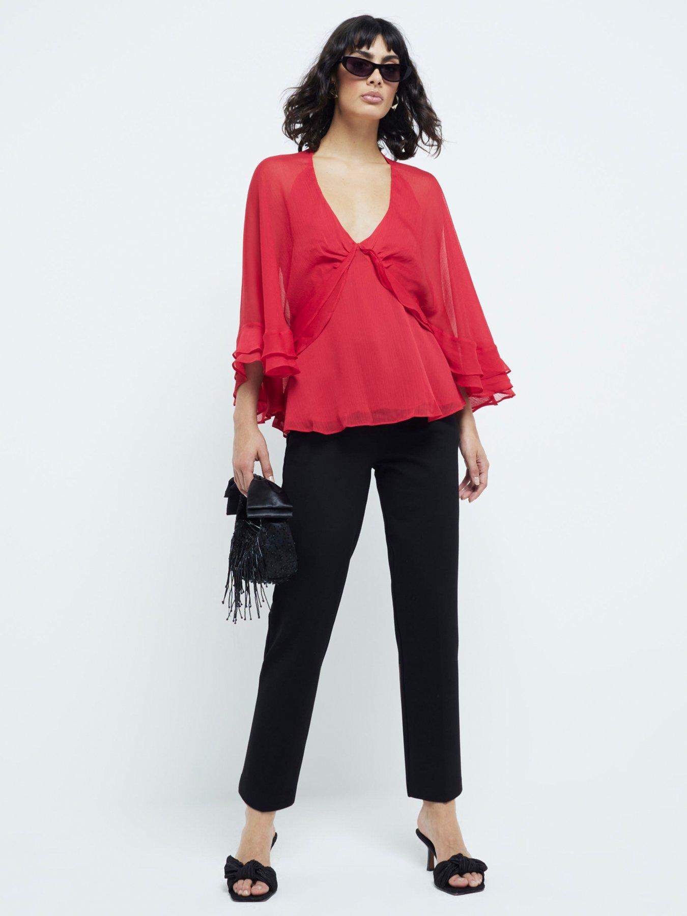 undefined Ruffle Cape Top - Dark Red