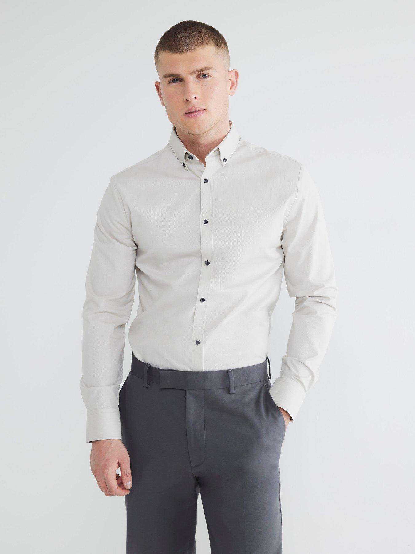 Image 1 of 6 of River Island Textured Long Sleeve Muscle Fit Shirt - Grey