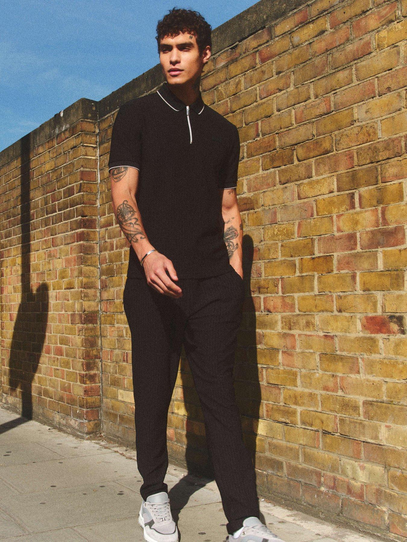undefined Short Sleeve Ribbed Muscle Fit Polo Shirt - Black