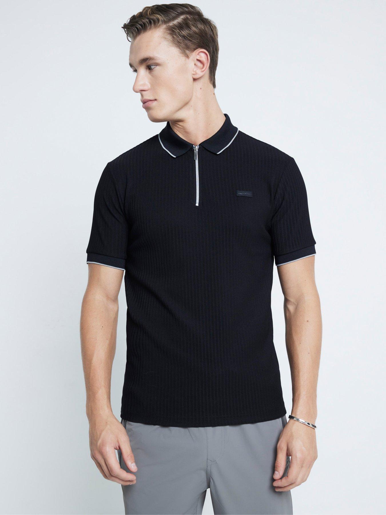 River Island Short Sleeve Ribbed Muscle Fit Polo Shirt Black