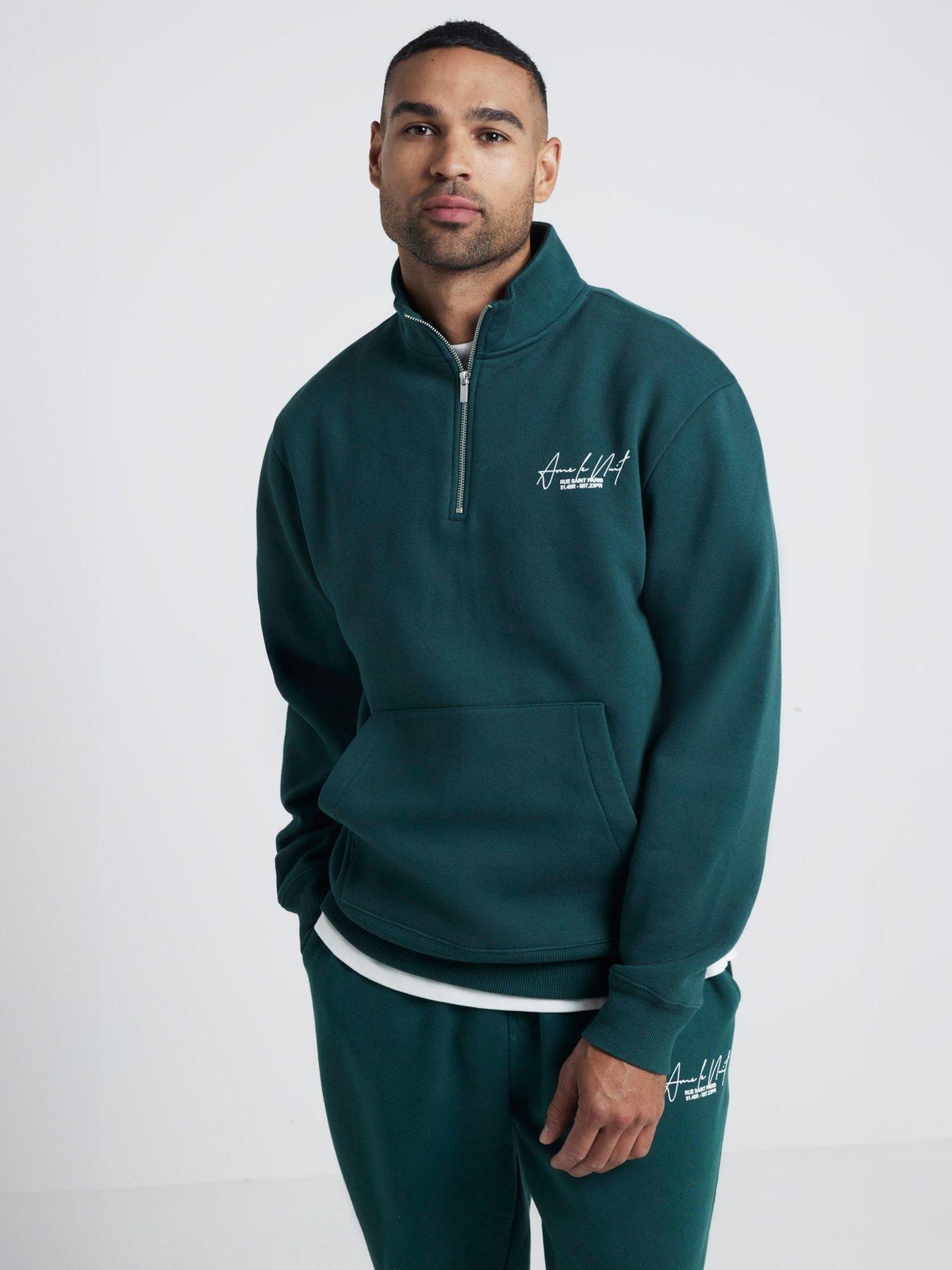 Image 1 of 6 of River Island Regular Fit Ame Le Nuit Text Funnel 1/4 Zip Sweat - Green