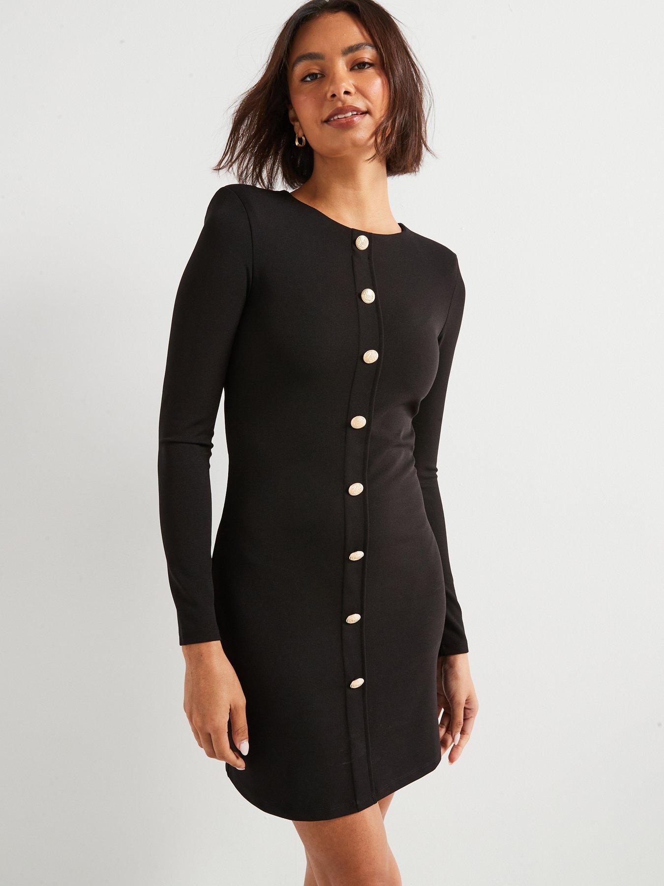 undefined Button Detail Long Sleeve Mini Shift Dress - Black