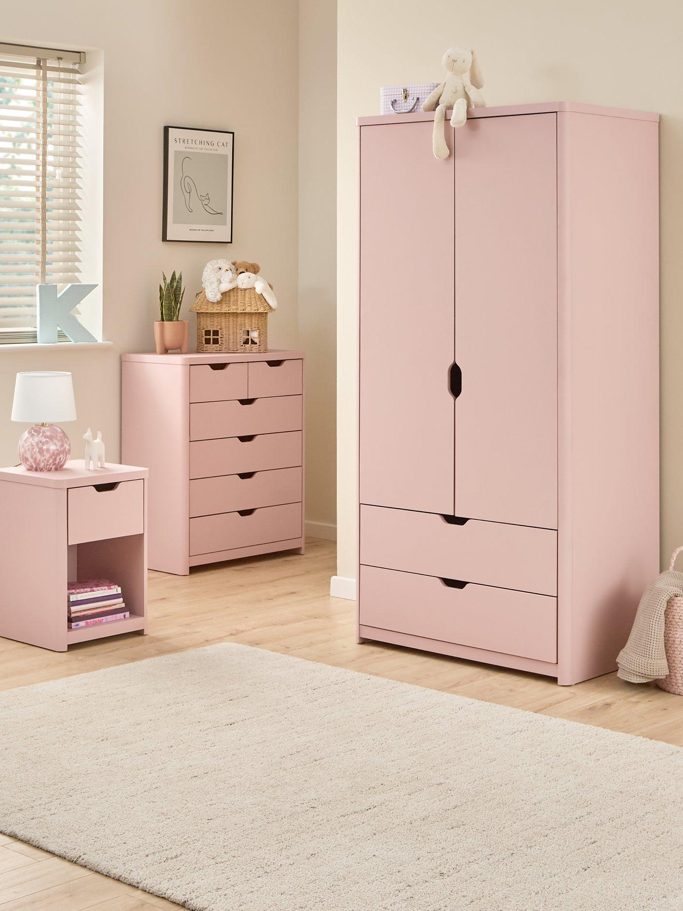undefined Aspen 3 Piece Bedroom Furniture Set - 2 Door, 2 Drawer Wardrobe, 4 + 2 Chest and Bedside Table - Pink