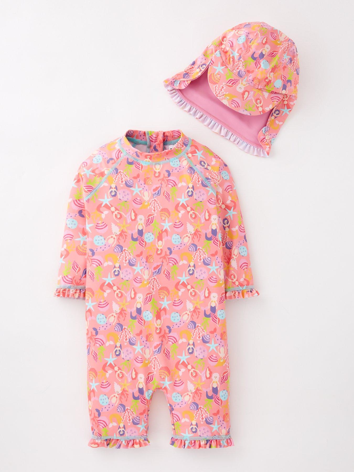 Mini V by Very Girls Mermaid Print Sunsafe Swimsuit And Hat Set