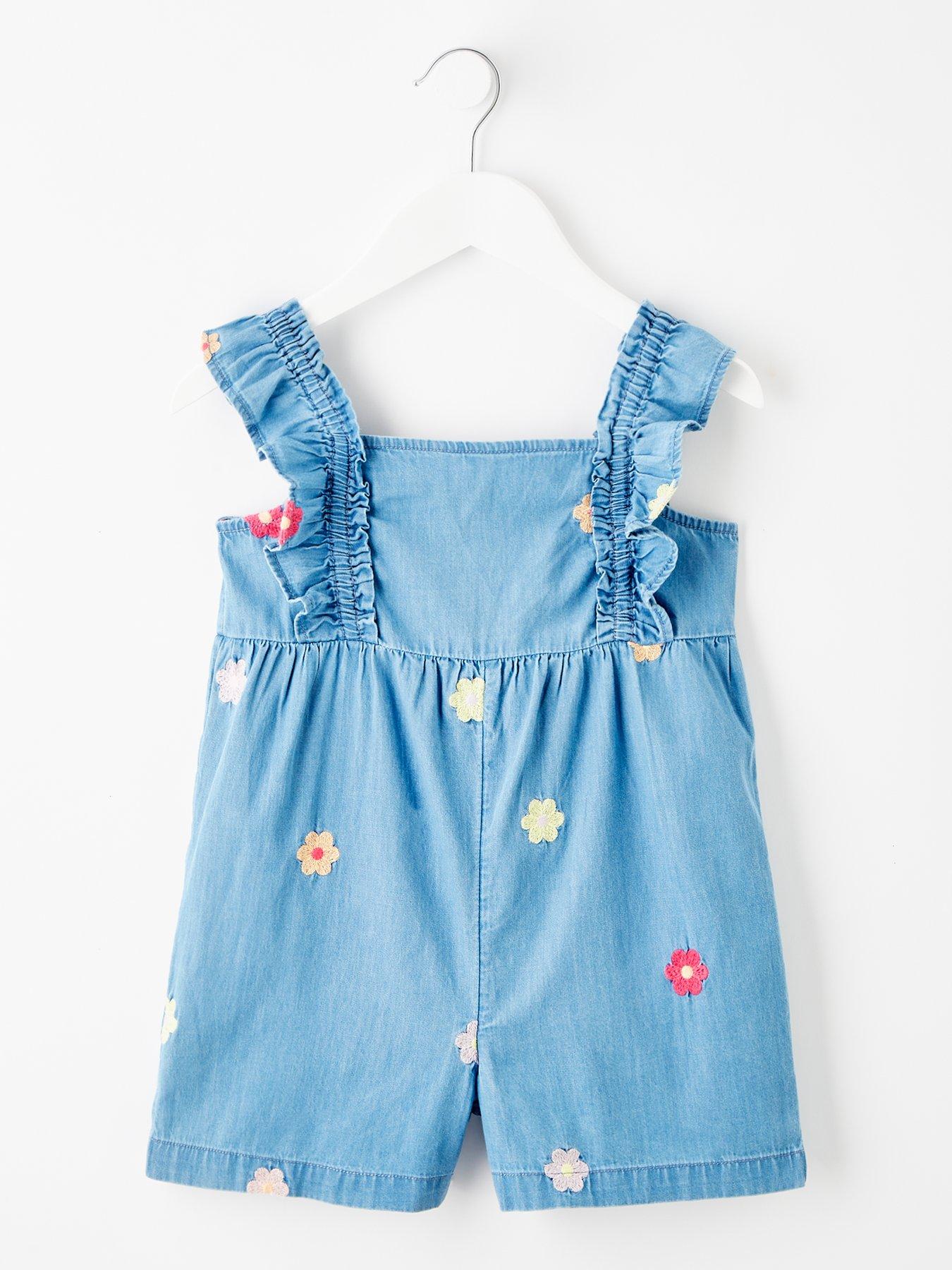 undefined Girls Embroidered Flower Denim Playsuit - Blue