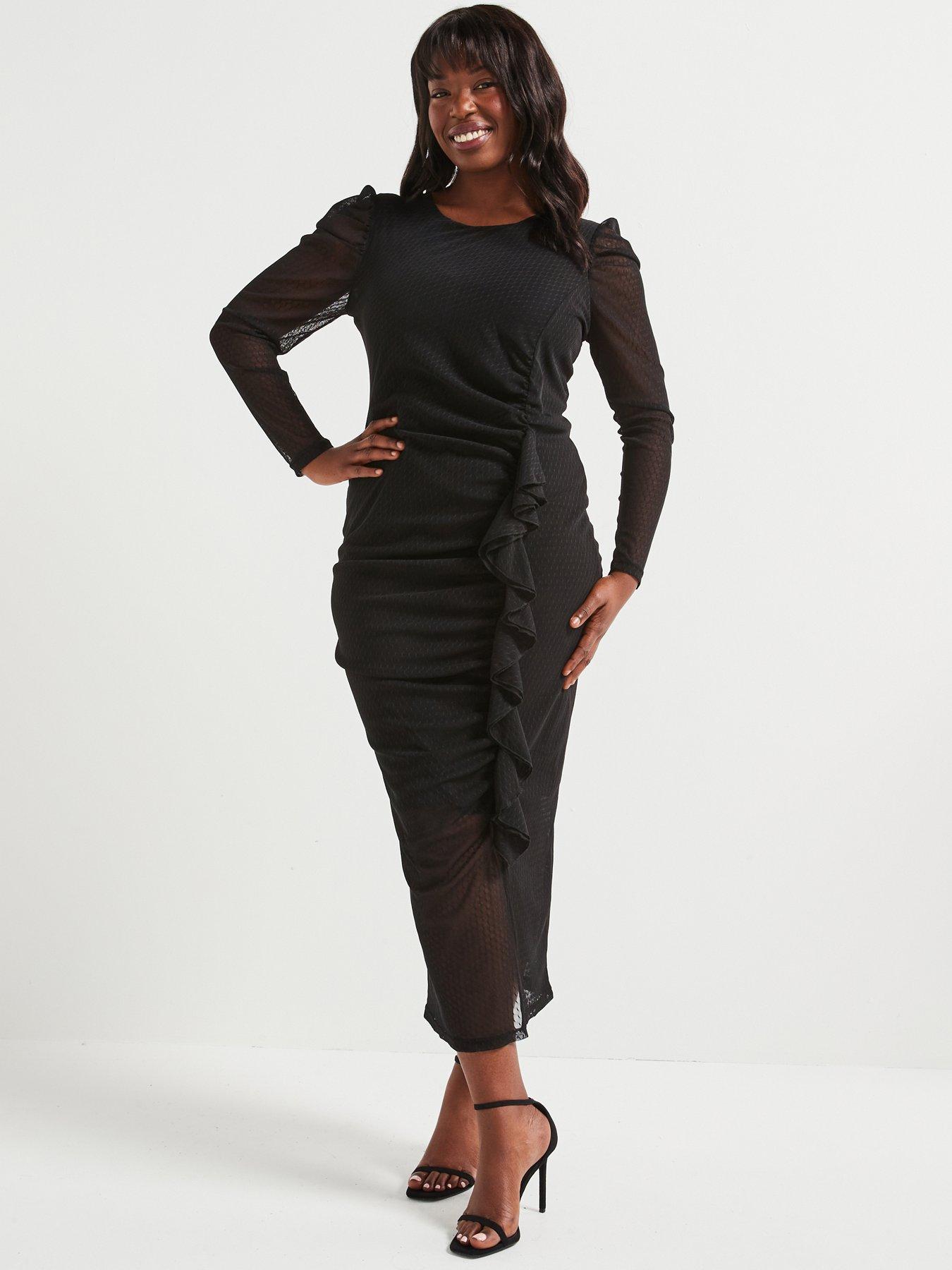 undefined Spot Mesh Ruffle Pencil Dress - Black