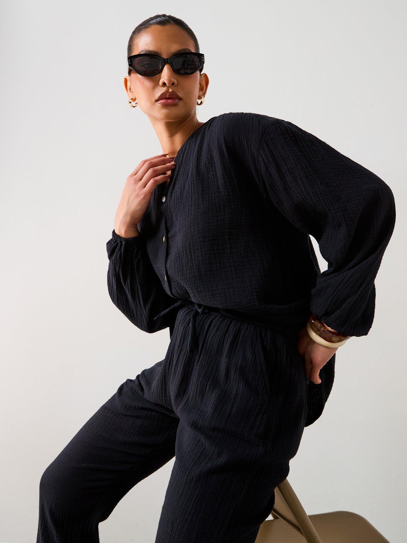 undefined Notch Neck Crinkle Blouse - Black