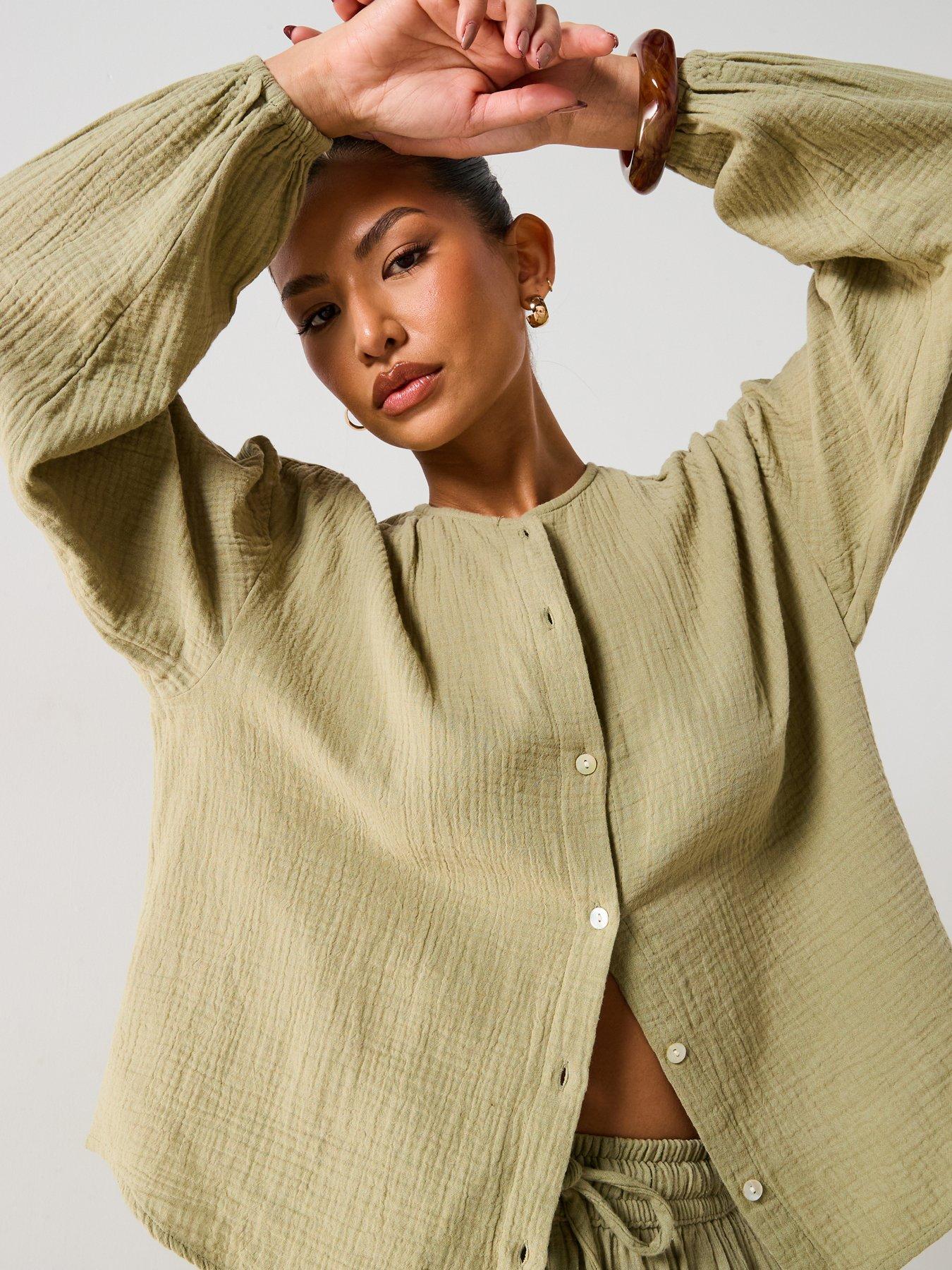 undefined Notch Neck Crinkle Blouse - Green