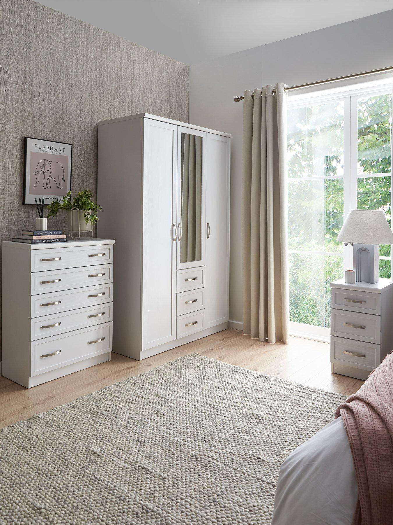 undefined Camberley 3 Piece Package - 3 Door, 3 Drawer Mirrored Wardrobe, 5 Drawer Chest and 3 Drawer Bedside Chest