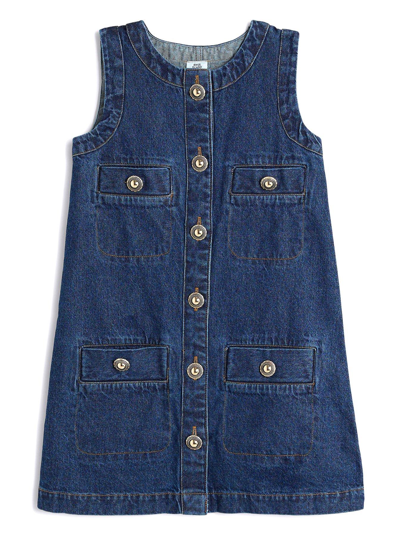 Image 2 of 4 of River Island Girls Denim Button Shift Dress - Blue
