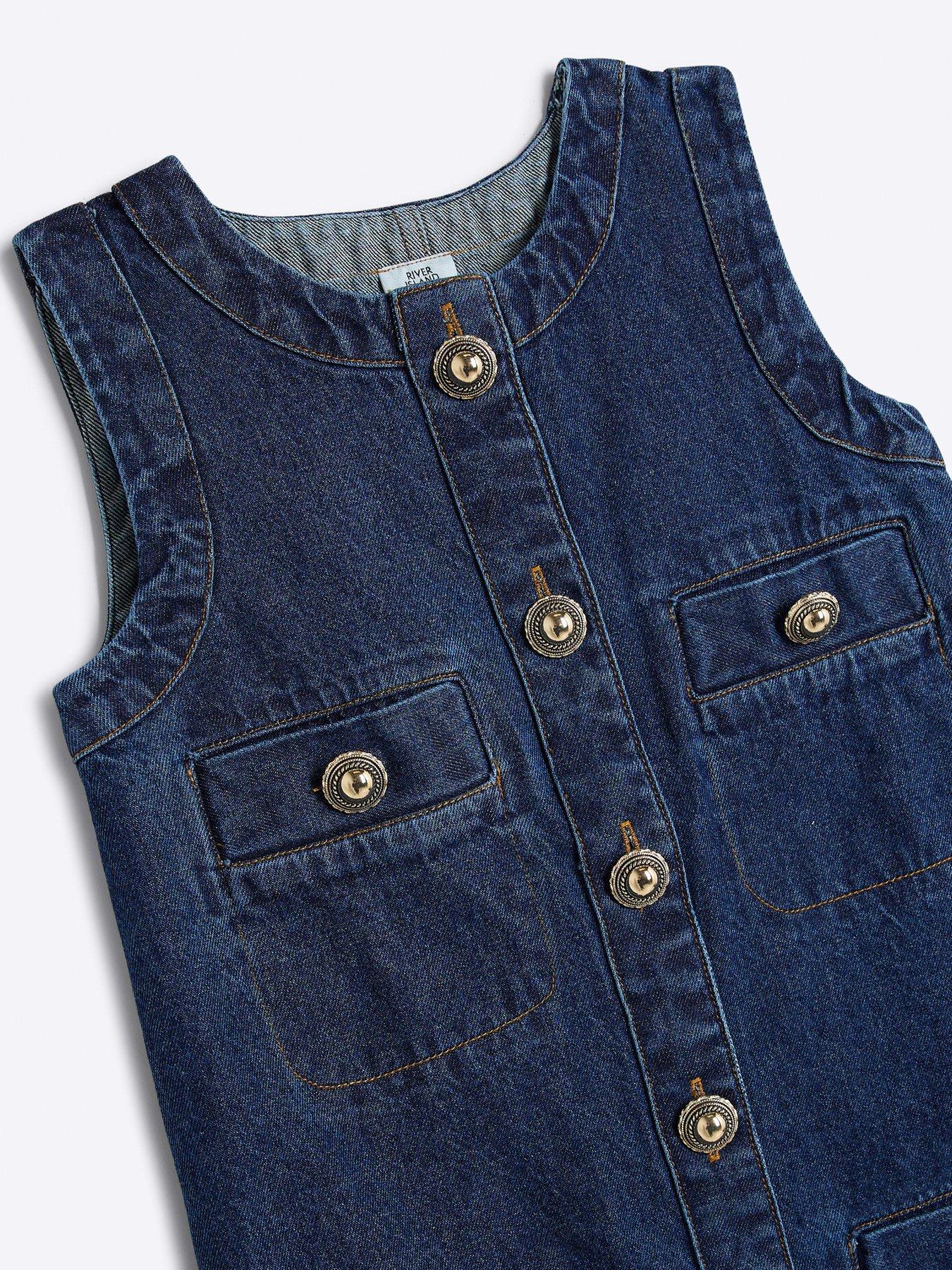 Image 4 of 4 of River Island Girls Denim Button Shift Dress - Blue