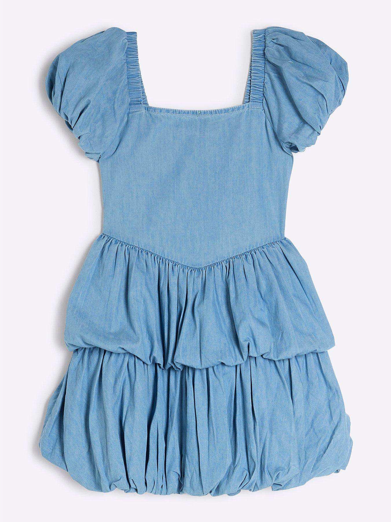 undefined Girls Bubble Hem Dress - Denim - Blue