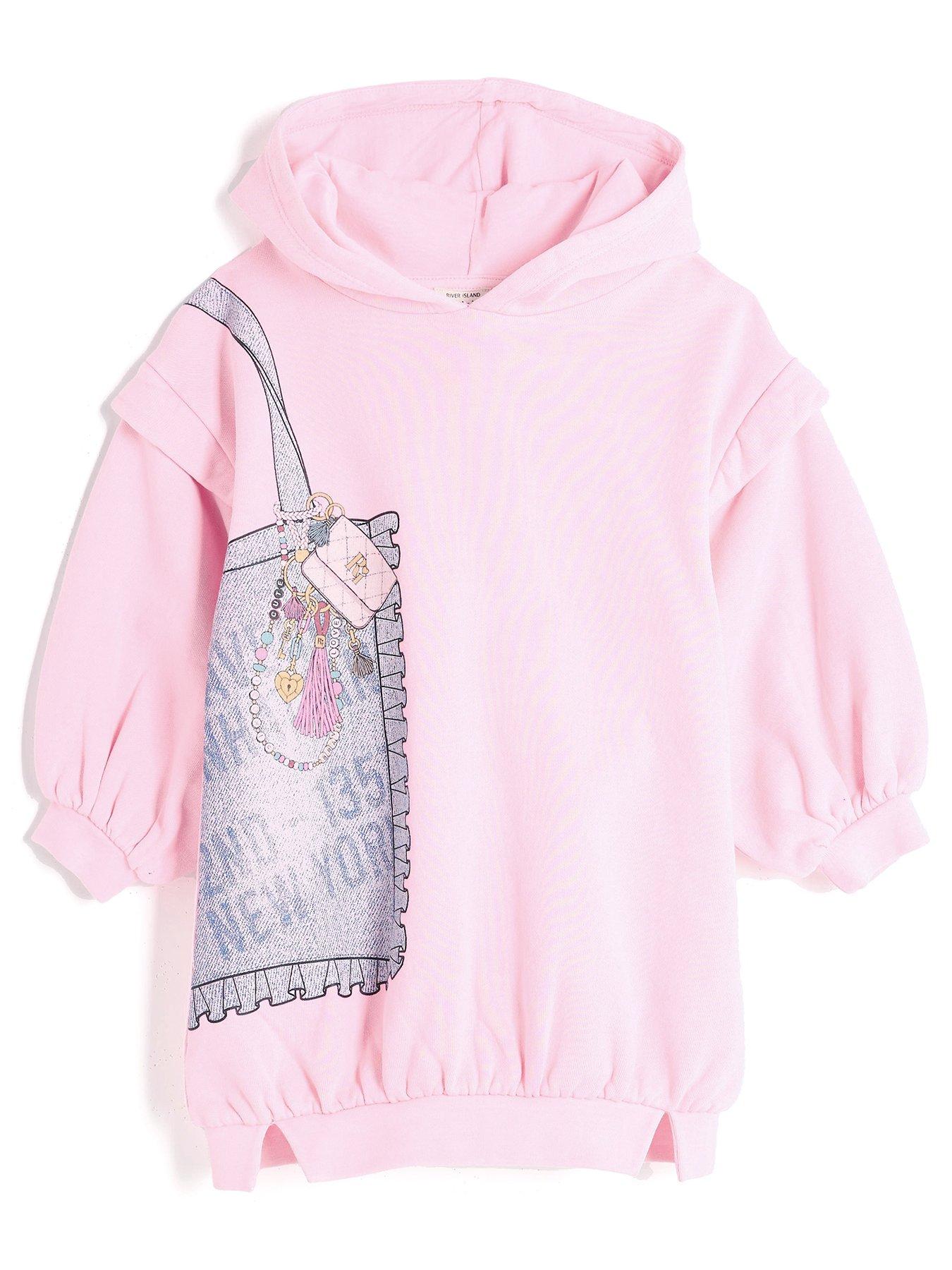 Image 1 of 4 of River Island Mini Mini Girls Hooded Bag Sweatshirt Dress - Pink