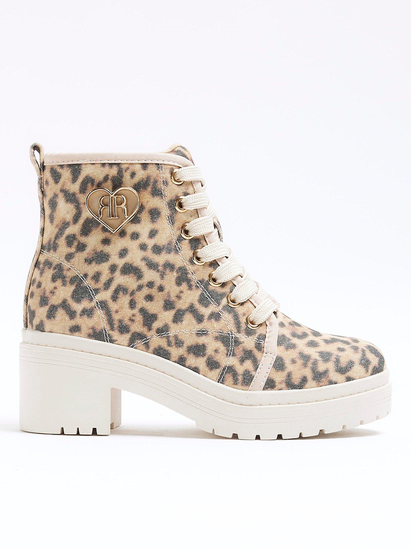 River Island Girls Leopard Canvas Heeled Boot Beige Very