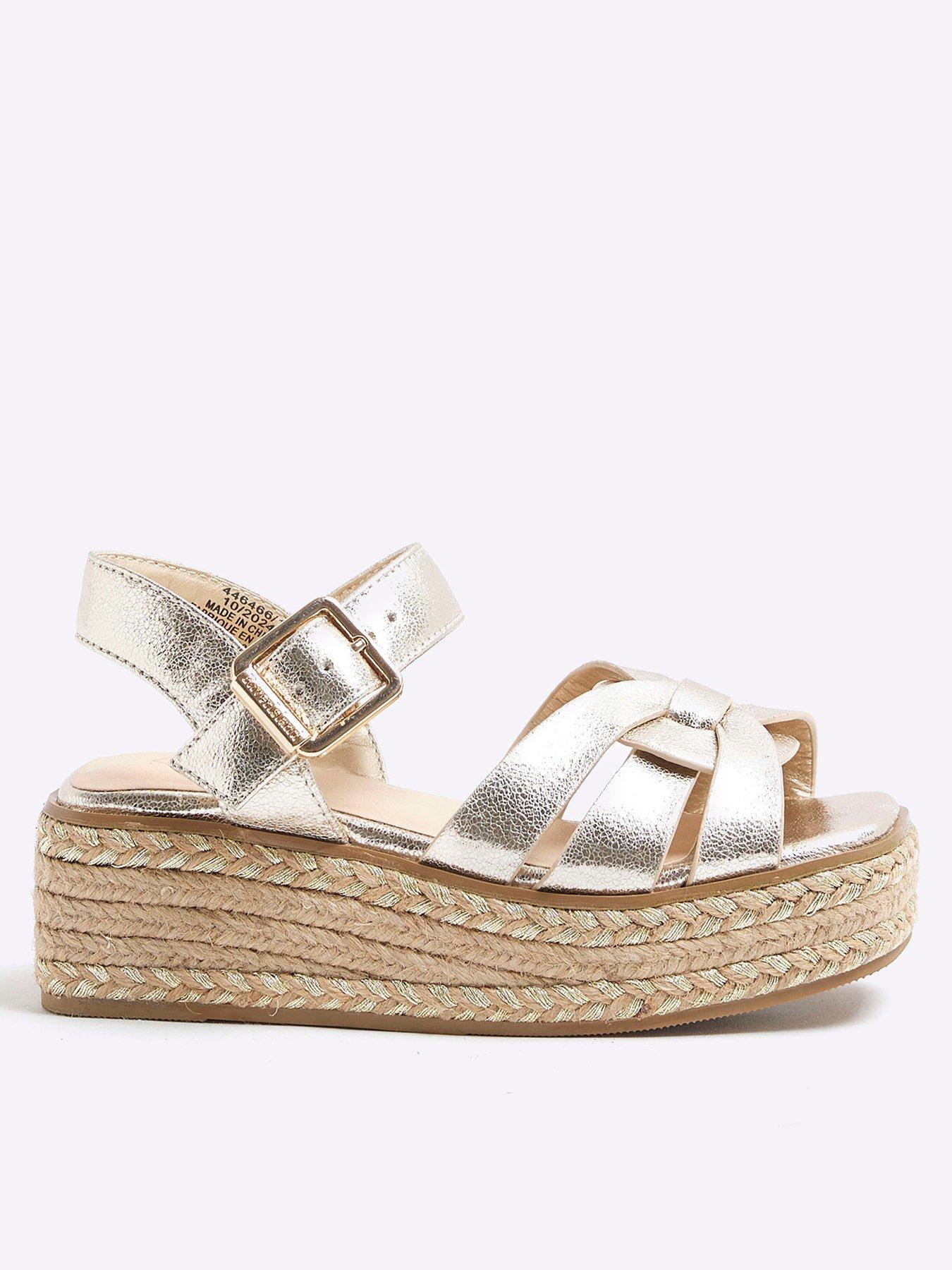 undefined Older Girl Leather Weave Wedge Sandals - Gold