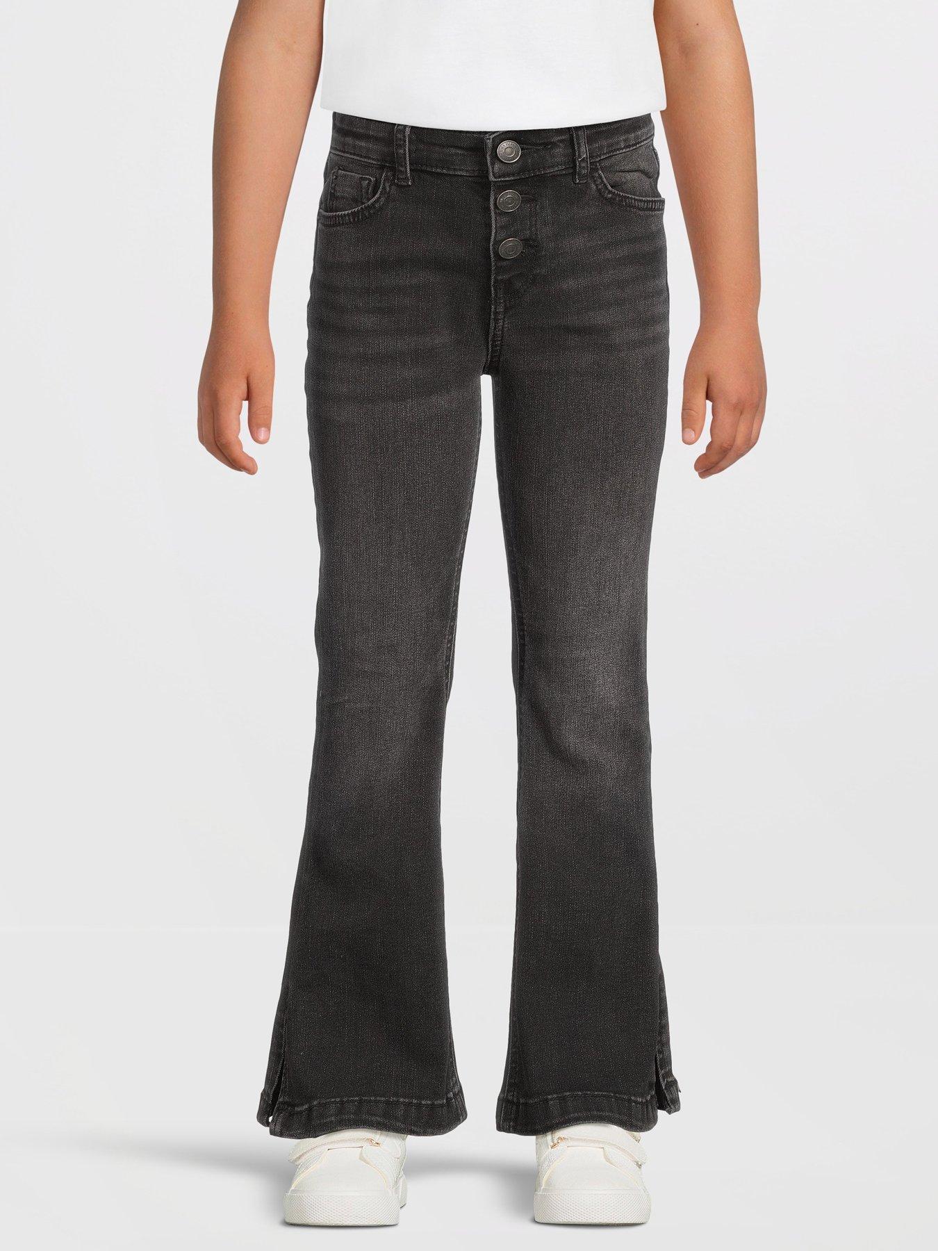 undefined Girls Denim Button Front Flared Jeans - Black
