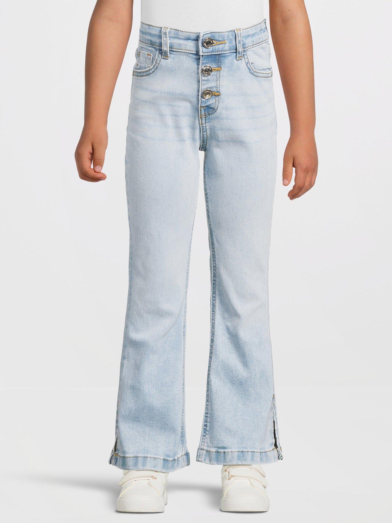 Image 1 of 6 of River Island Girls Denim Button Front Flared Jeans - Light Blue