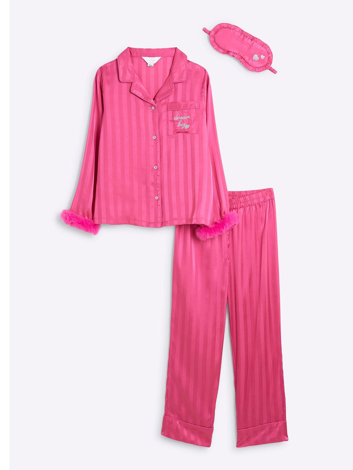 undefined Girls Satin Faux Fur Cuff Pyjamas Set - Pink
