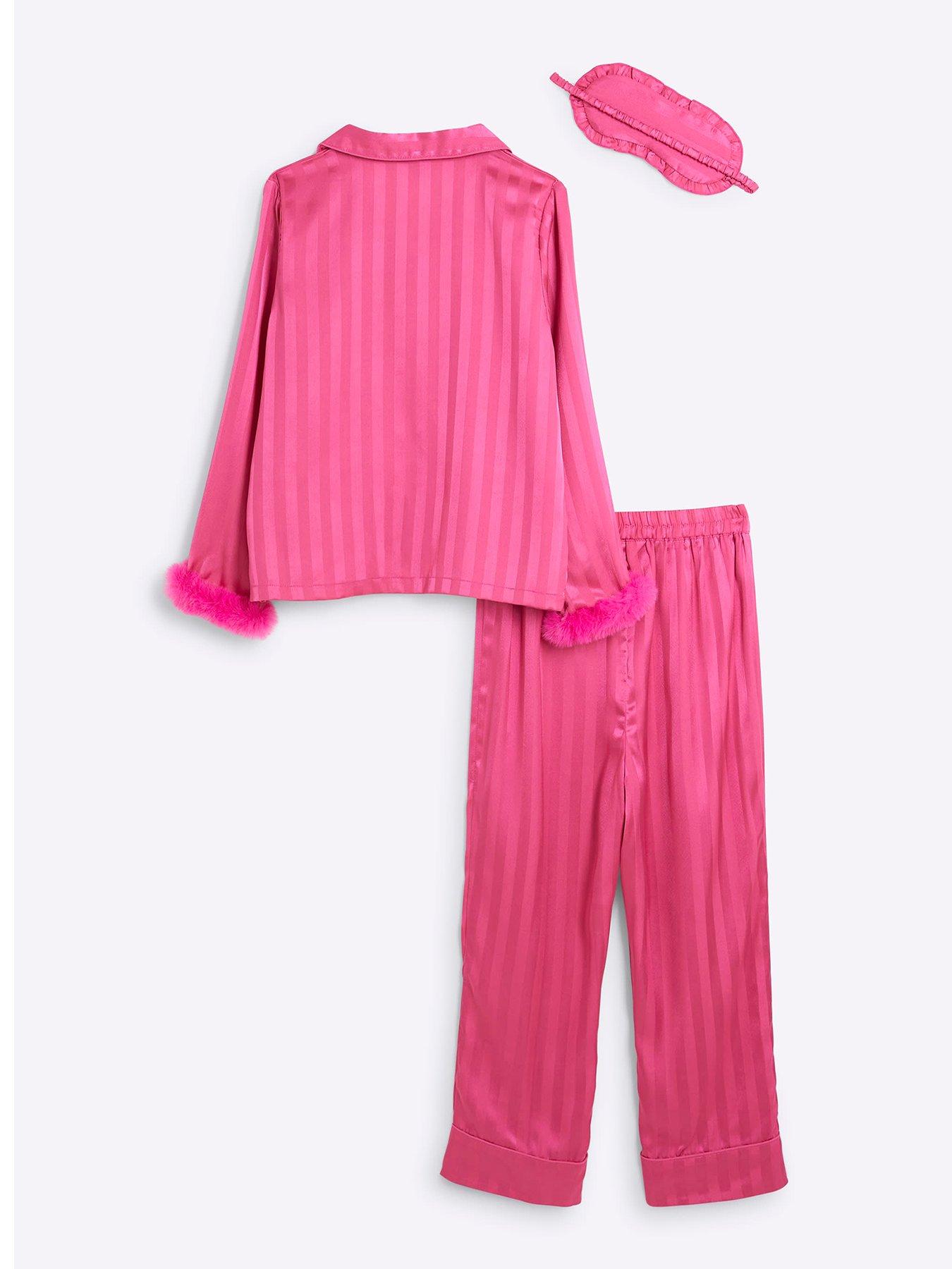 River Island Girls Satin Faux Fur Cuff Pyjamas Set Pink Very