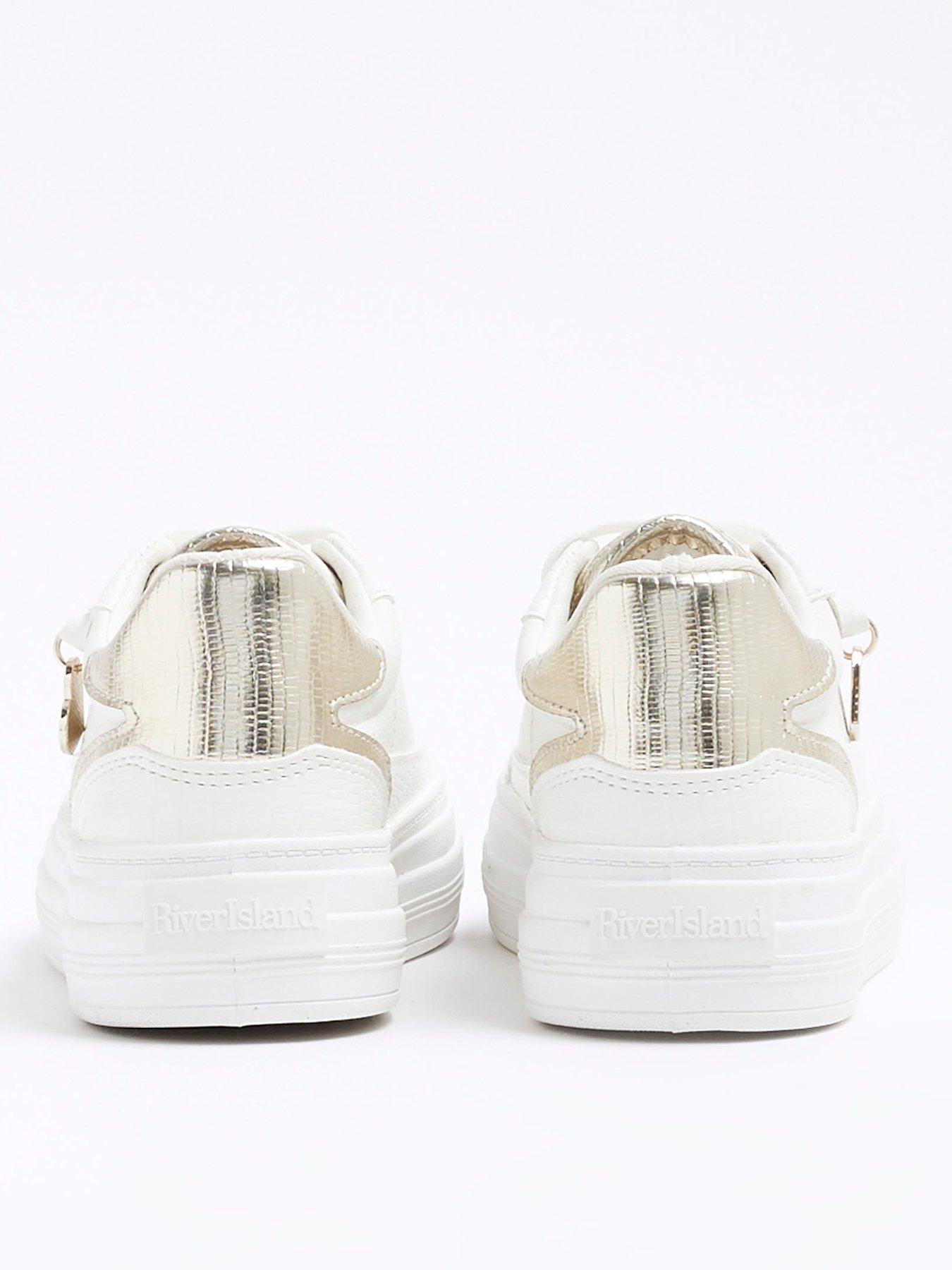 Image 2 of 5 of River Island Older Girls Faux Leather Lace Up Trainers - White