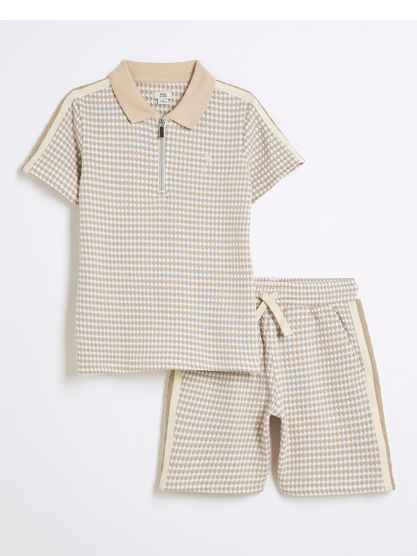 Image 1 of 6 of River Island Boys Taped Polo Shirt Set - Stone - Beige
