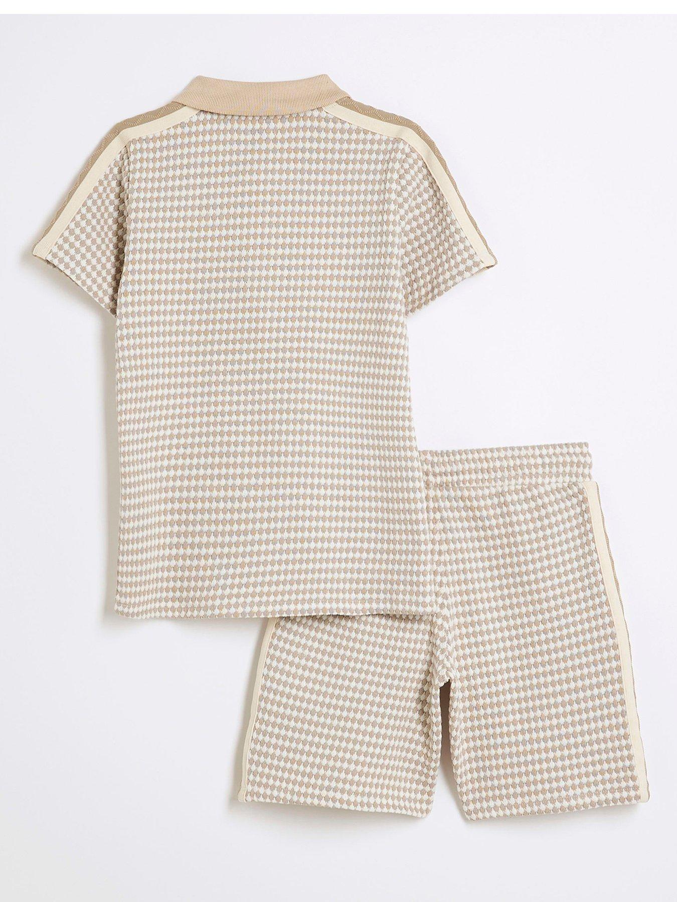 Image 3 of 6 of River Island Boys Taped Polo Shirt Set - Stone - Beige