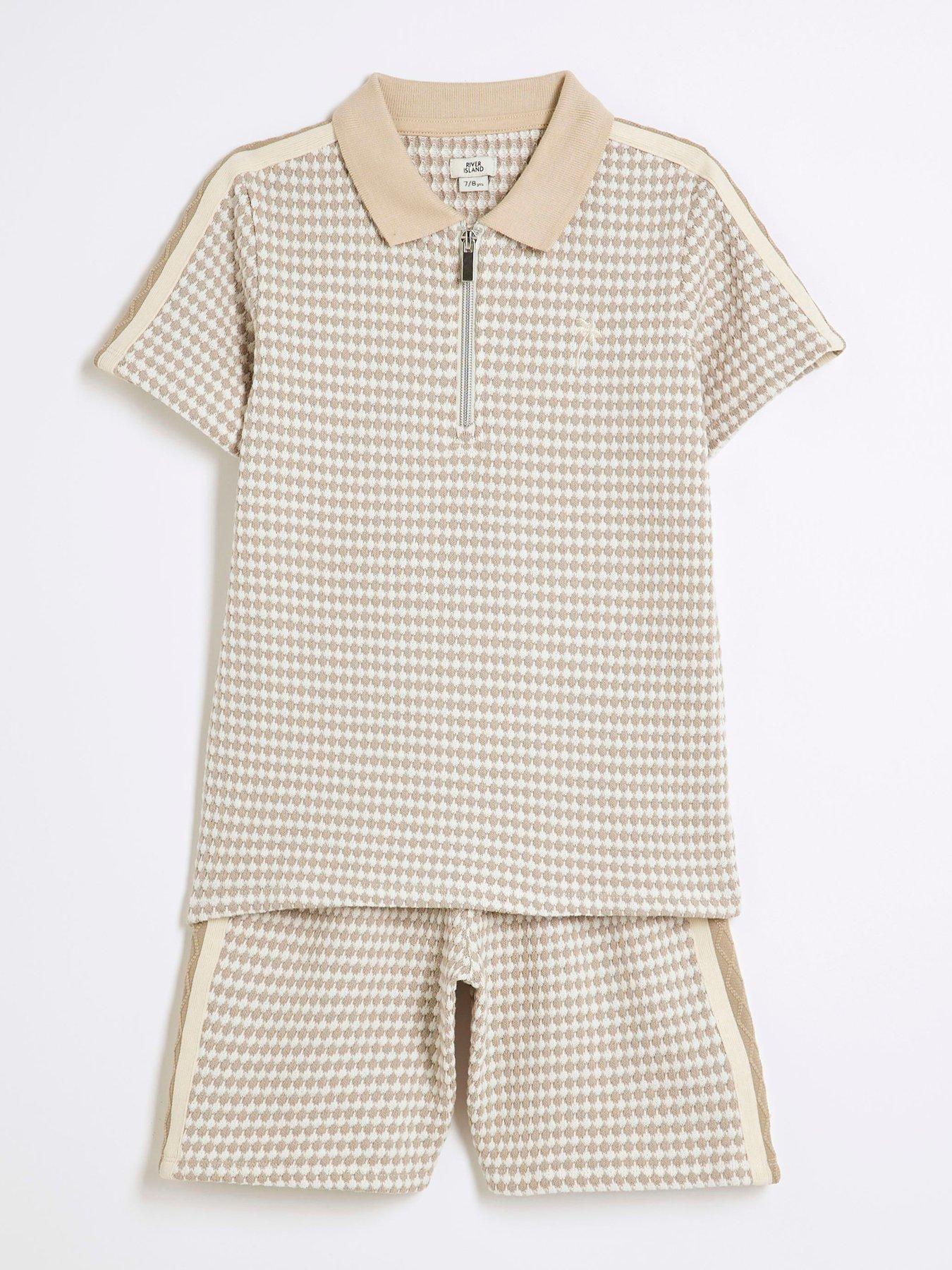 Image 4 of 6 of River Island Boys Taped Polo Shirt Set - Stone - Beige