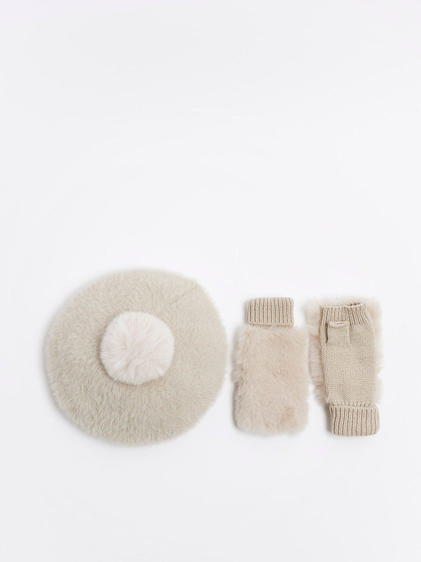 undefined Girls Faux Fur Beret And Mitten Set - Beige