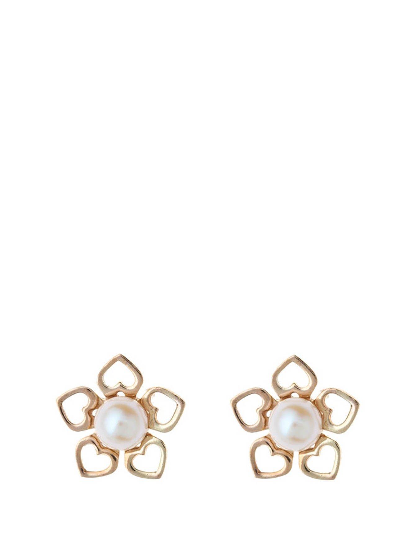 Product photograph of Love Gold Heart Flower Pearl Stud Earrings from very.co.uk