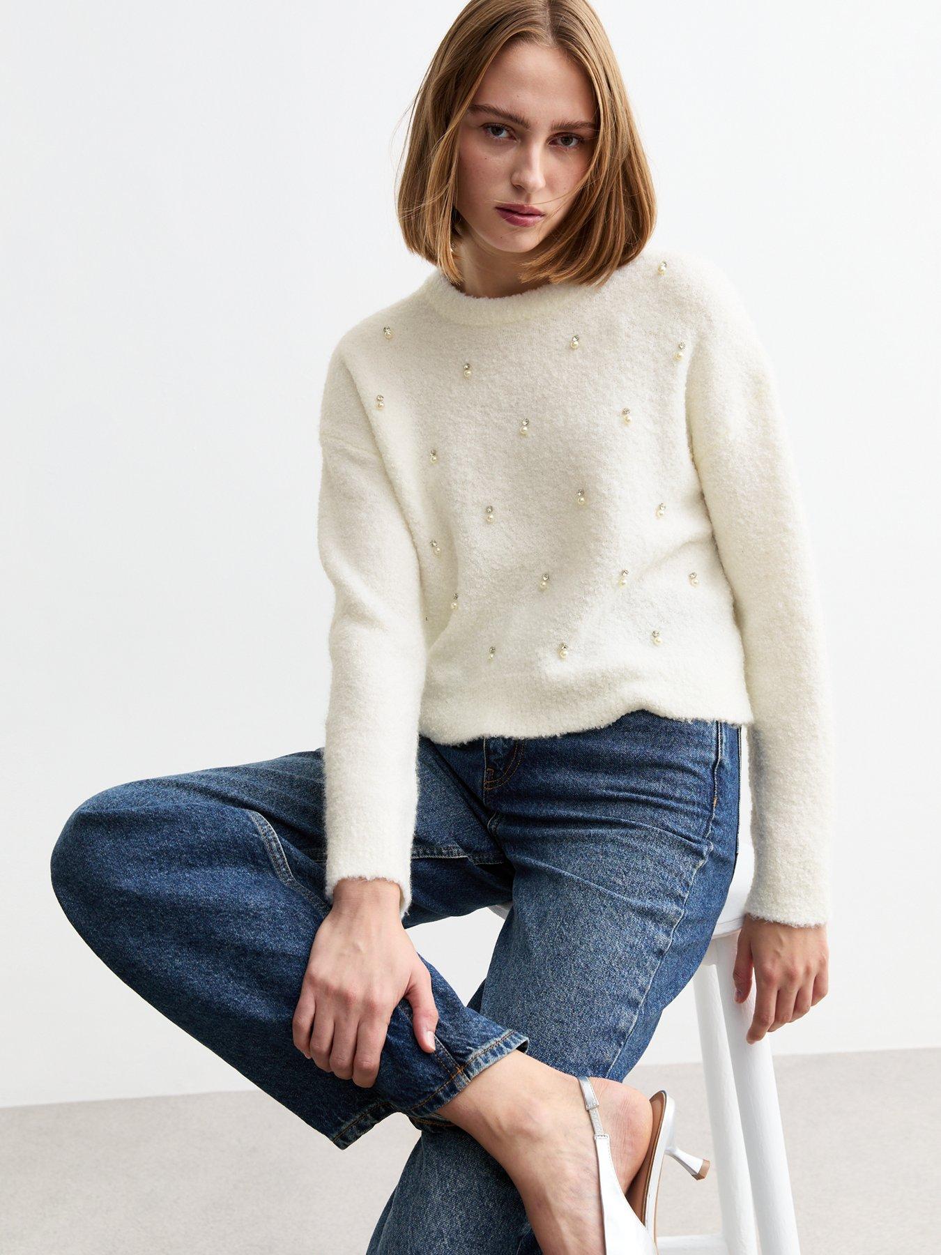 undefined Faux Pearl Embellished Bouclè Jumper - Off White