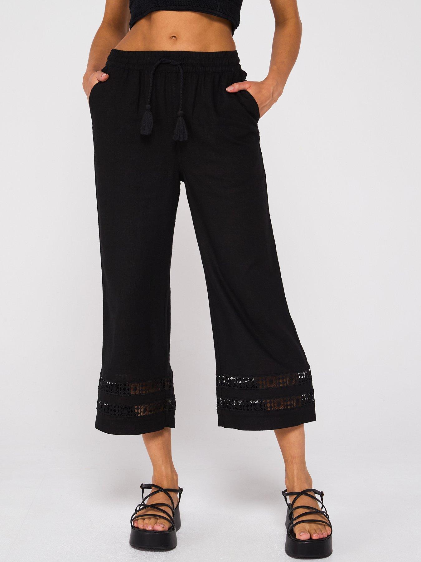 undefined Linen Blend Crop Trousers with Lace Trim Hem - Black