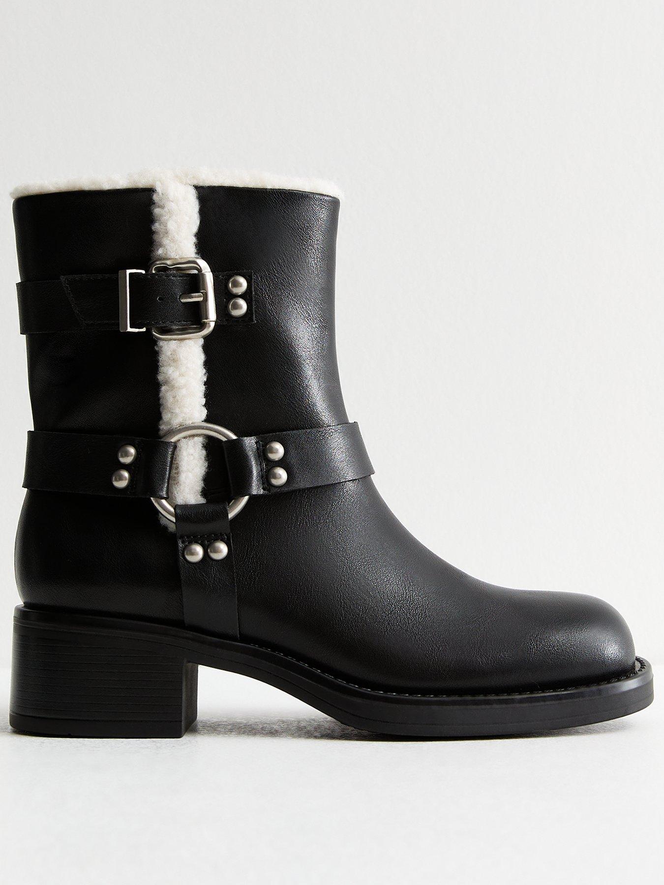 New Look Black Faux Fur Trim Leather Look Biker Boots Very