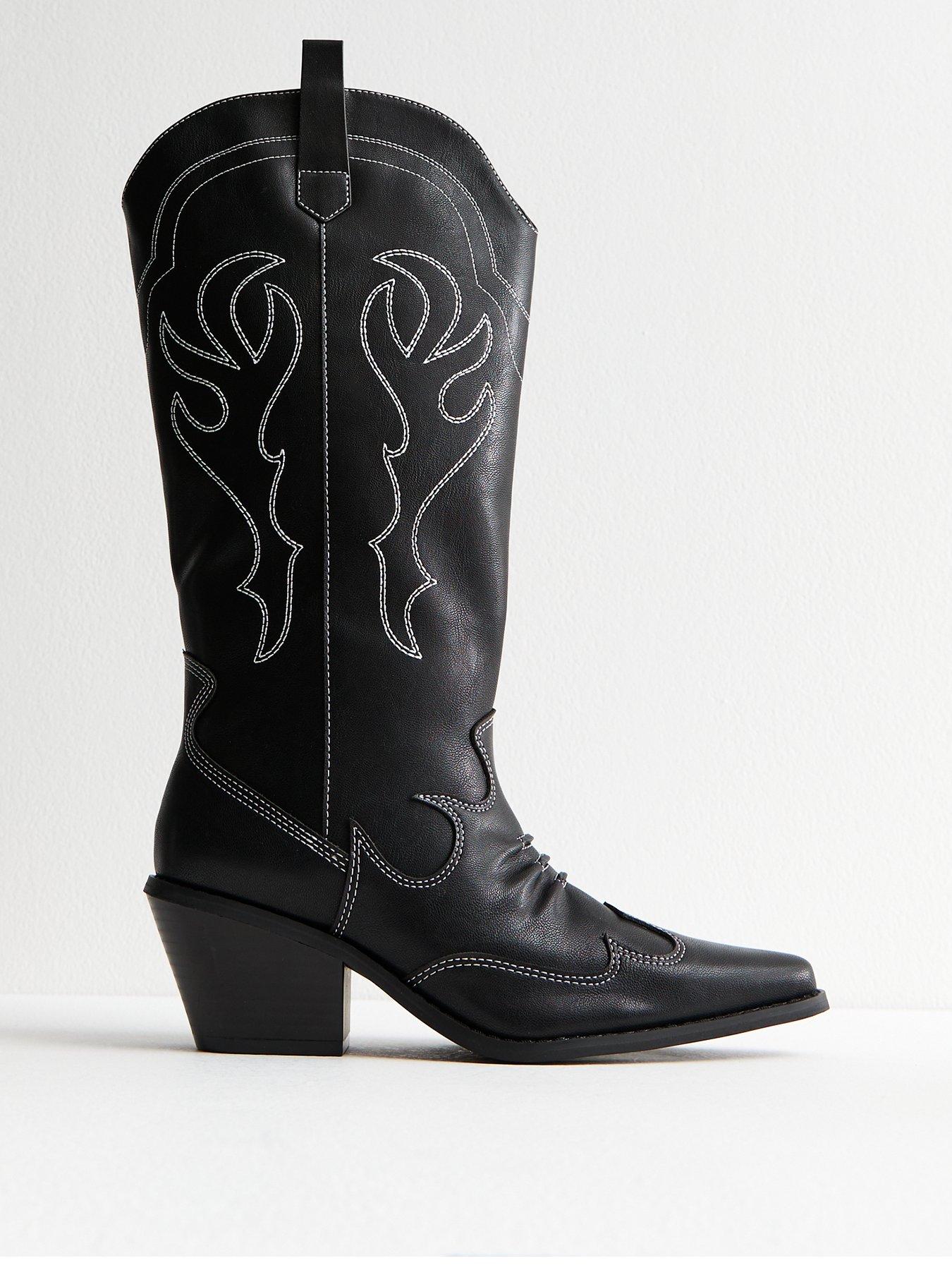 Faux Leather Stitch Detail Cowboy Boots Black