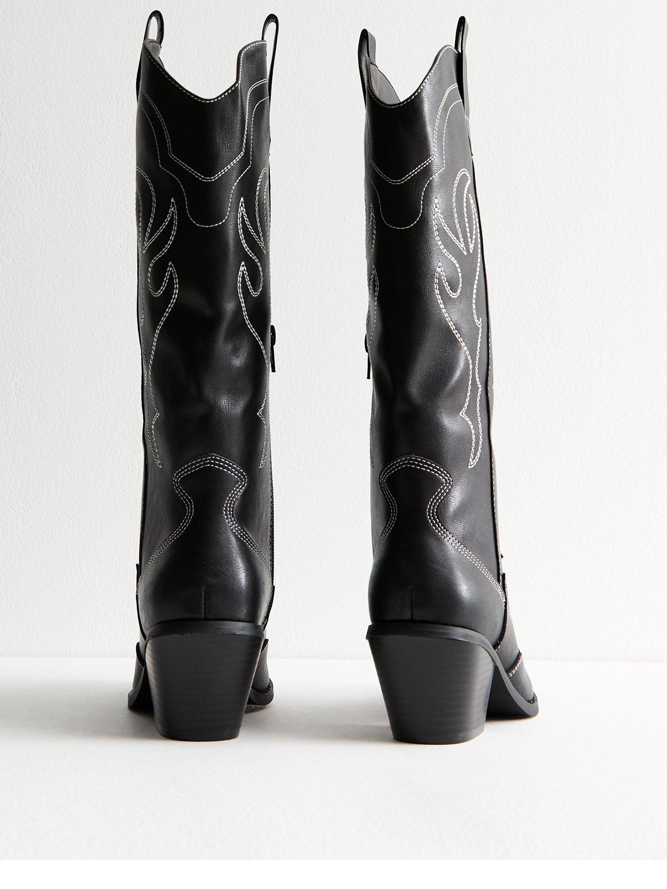 Faux Leather Stitch Detail Cowboy Boots Black