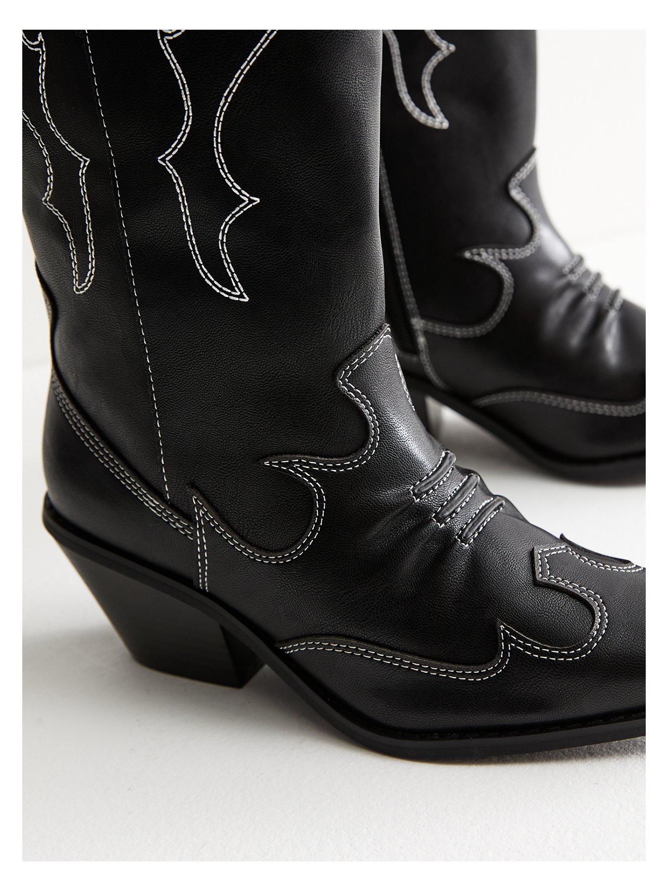 Faux Leather Stitch Detail Cowboy Boots Black