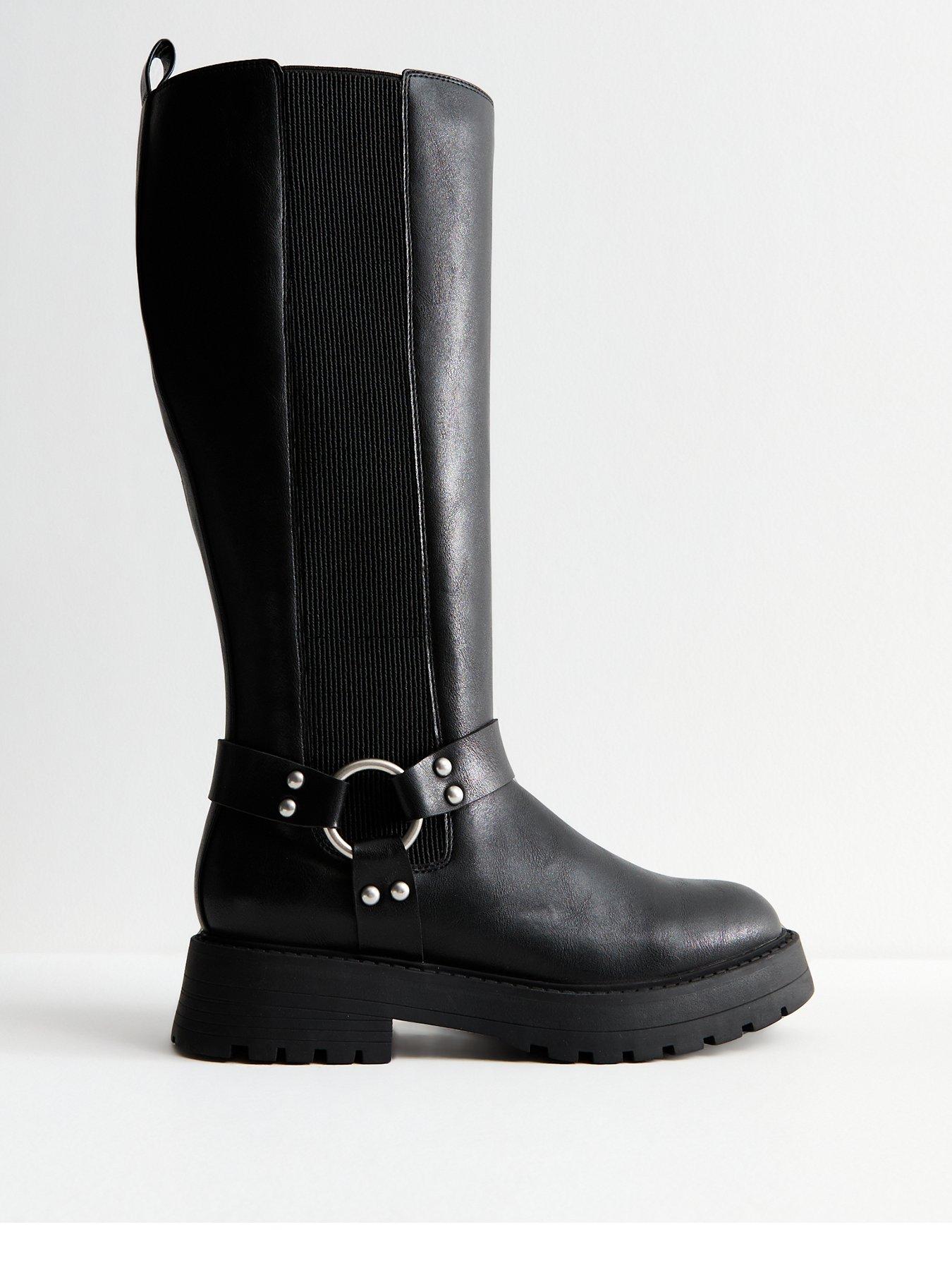 undefined Wide Fit Triple Strap Buckle Faux Leather Knee High Boots - Black