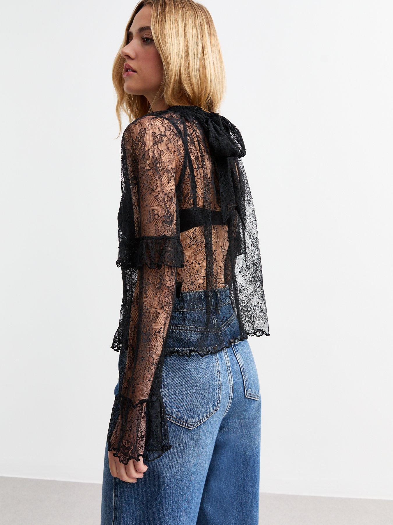 Image 2 of 4 of New Look Ruffle Trimmed High Neck Lace Top - Black