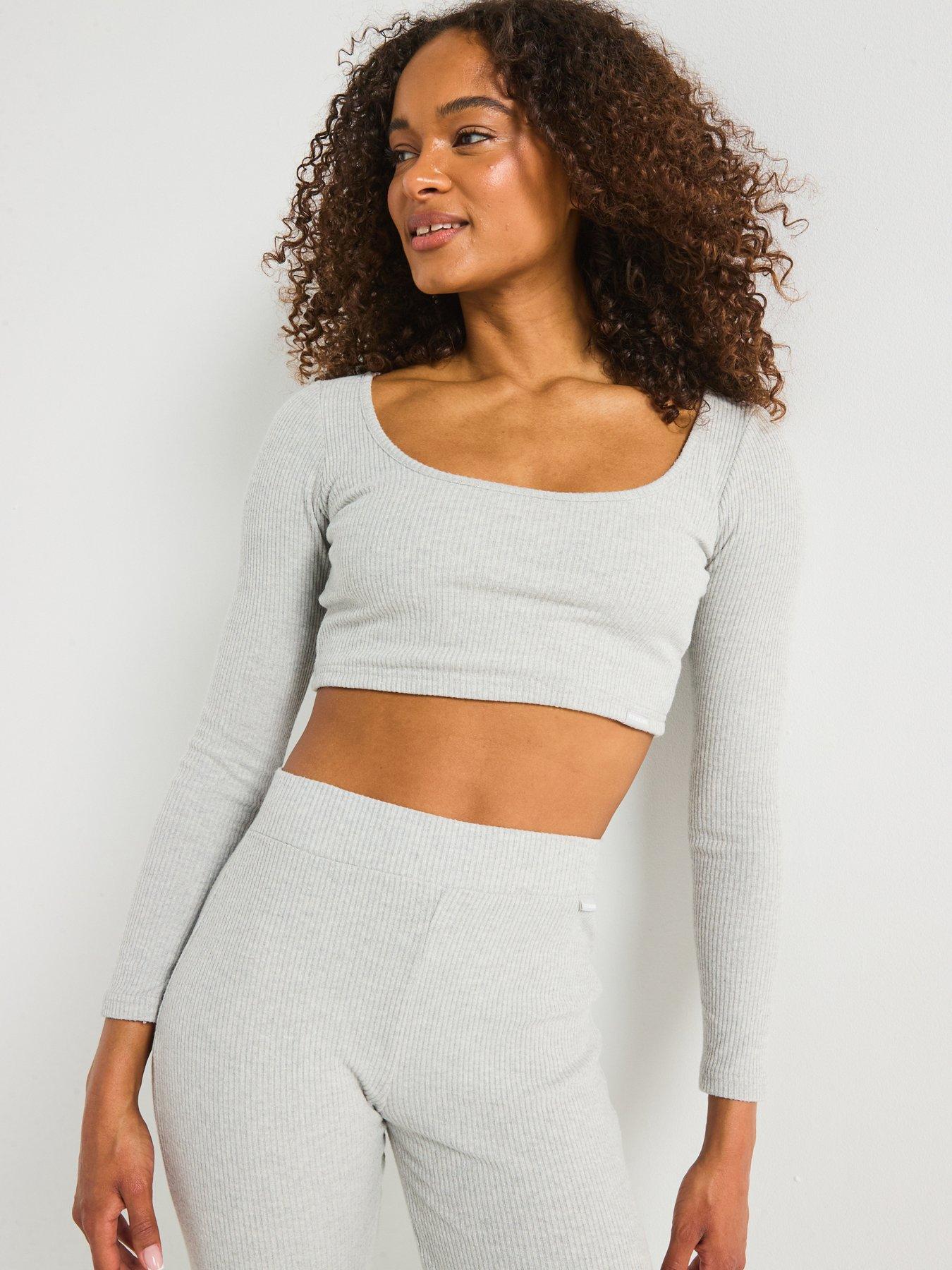 undefined Women's Rib Square Neck Long Sleeve Tee - Grey