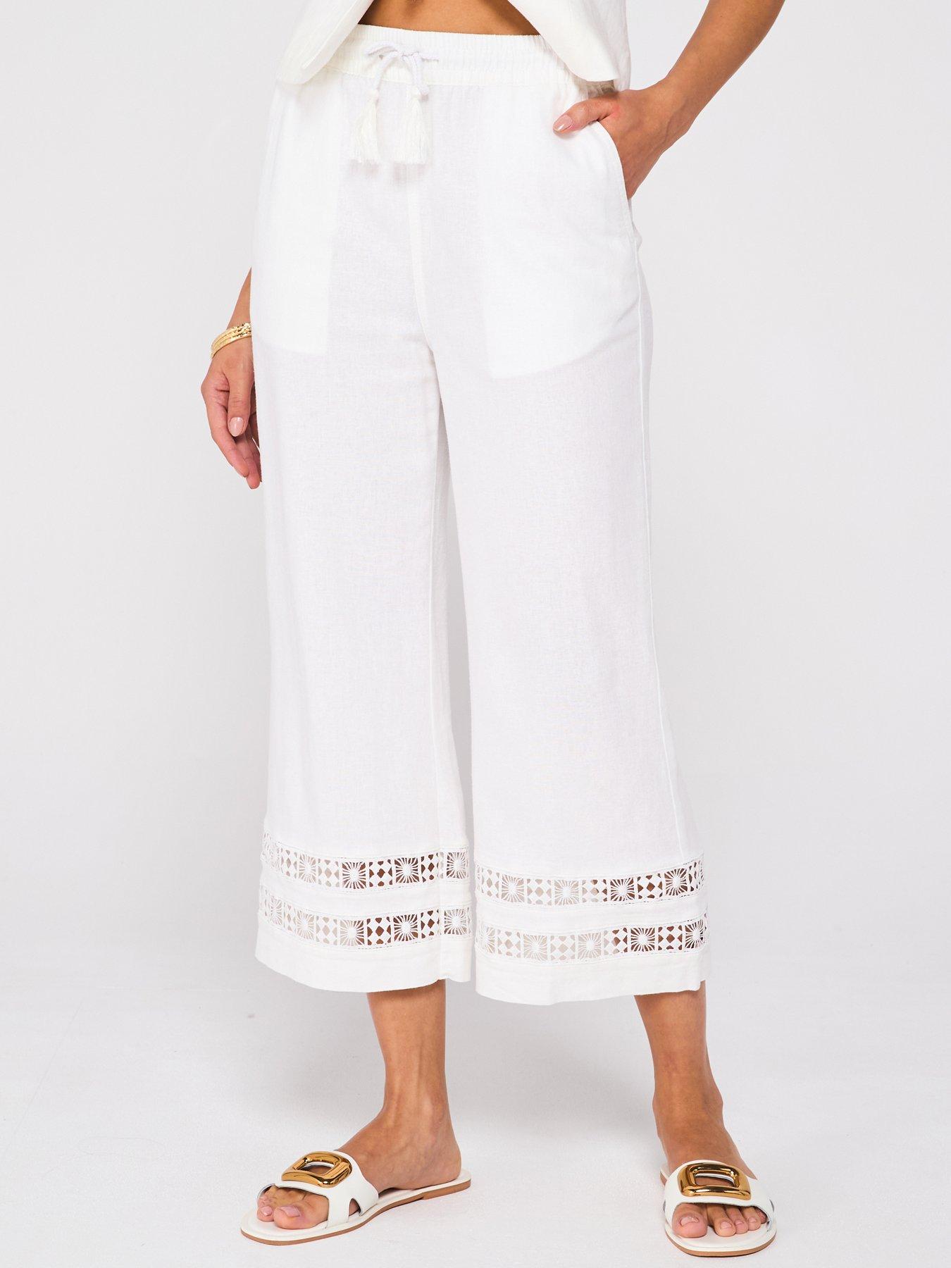 undefined Linen Blend Crop Trousers With Lace Trim Hem - White