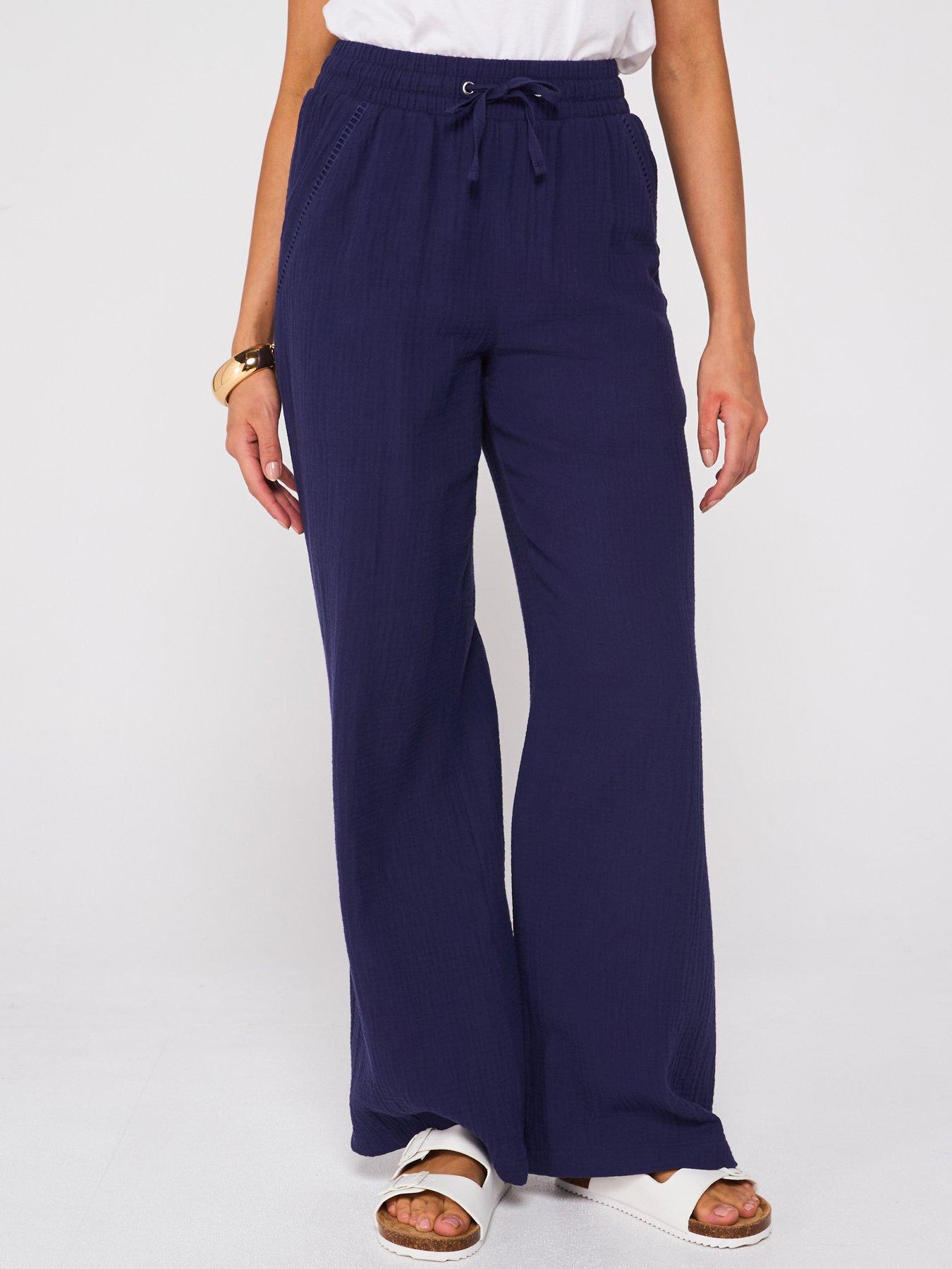 undefined Crinkle Wide Leg Trousers - Navy