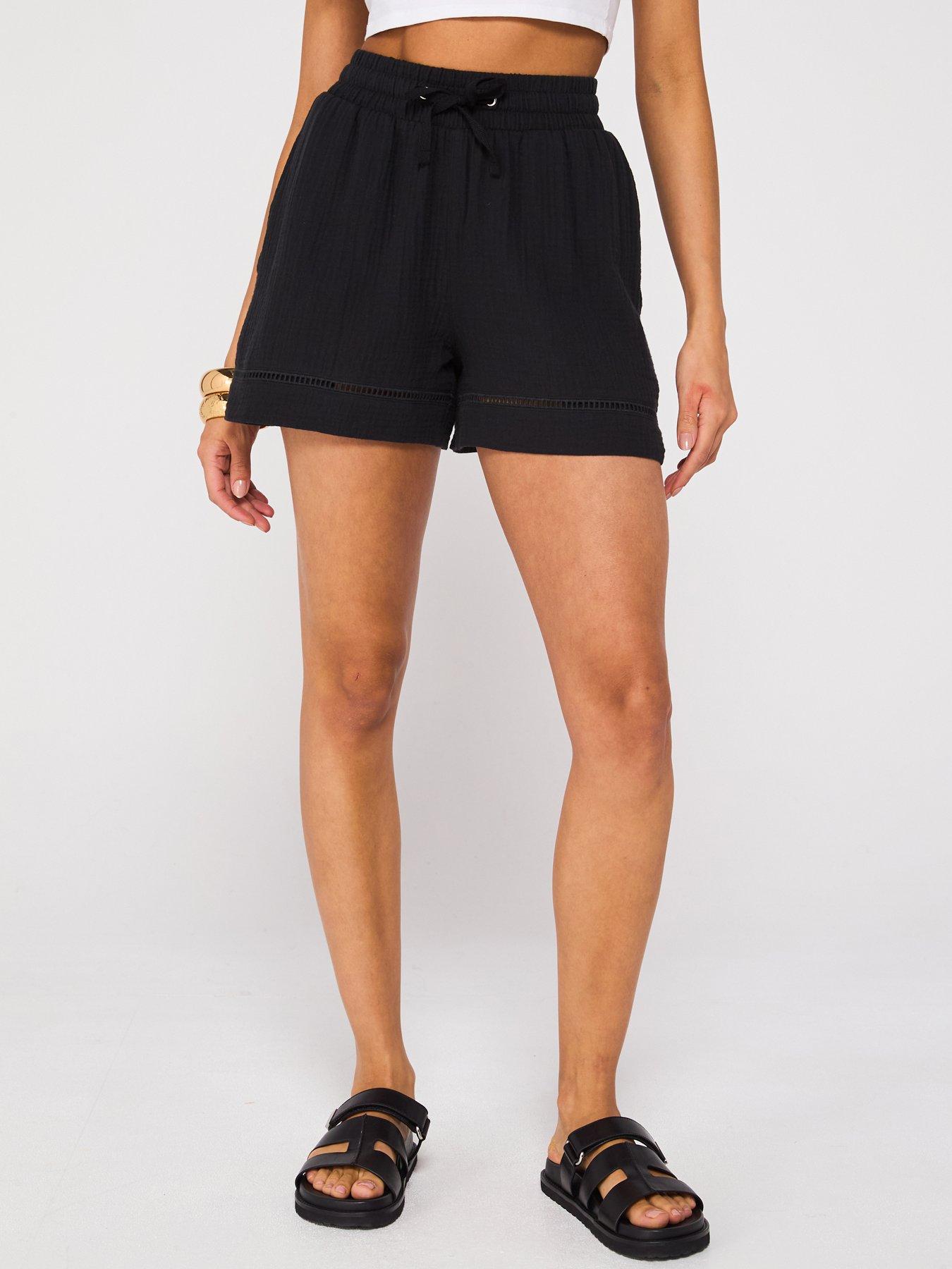 undefined Crinkle Shorts With Lace Insert - Black - Black