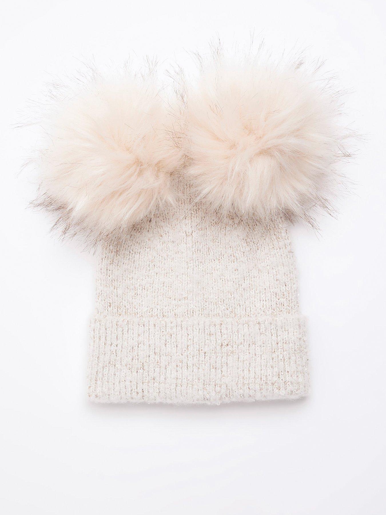 undefined Double Pom Pom Sequin Beanie - Cream