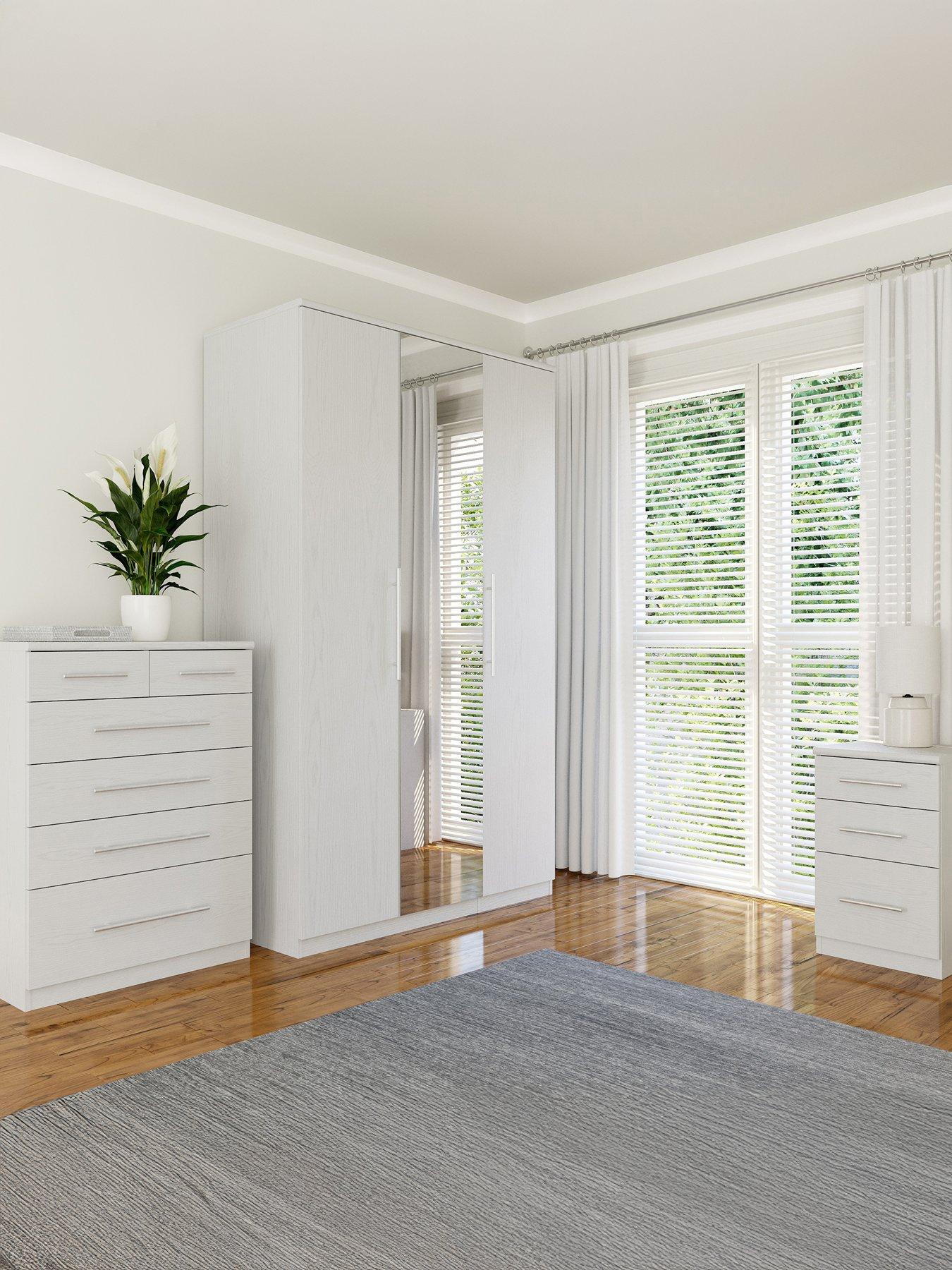 undefined Prague 3 Piece Bedroom Furniture Set - 3 Door Mirrored Wardrobe, 4 + 2 Drawer Chest and 3 Drawer Bedside Table - FSC® Certified