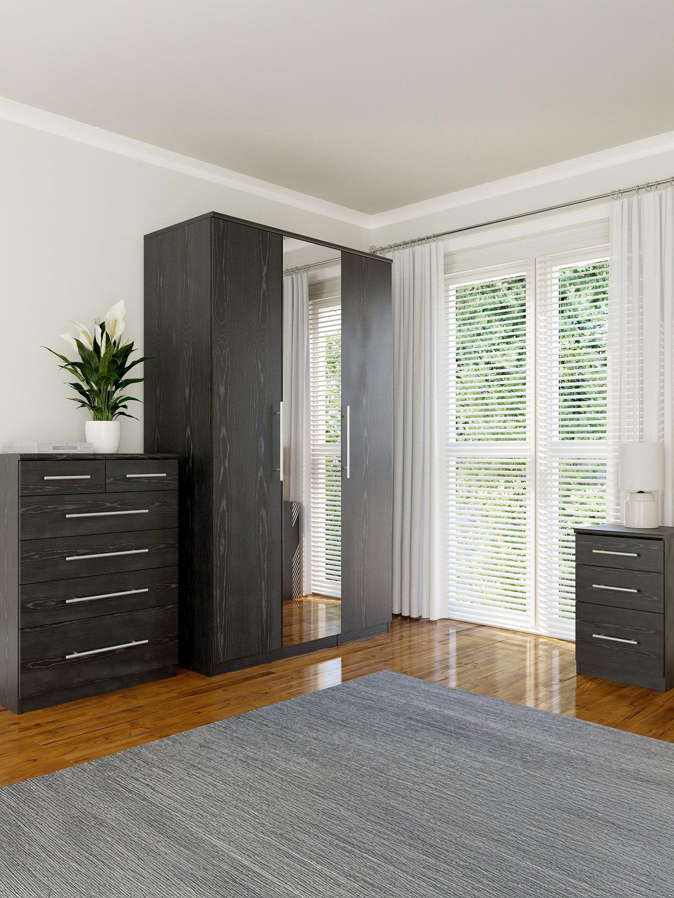 undefined Prague 3 Piece Bedroom Furniture Set - 3 Door Mirrored Wardrobe, 4 + 2 Drawer Chest and 3 Drawer Bedside Table - FSC® Certified
