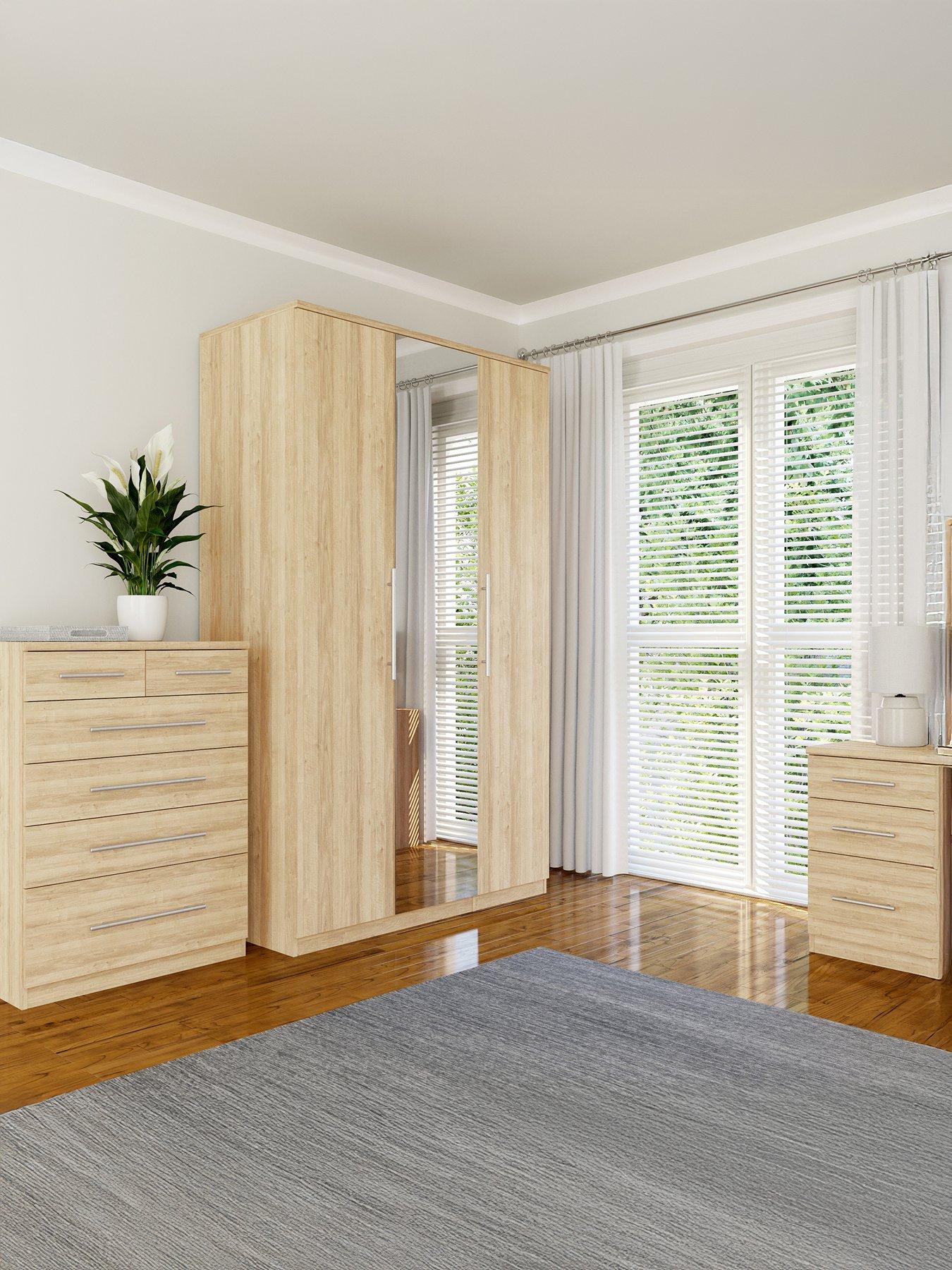 undefined Prague 3 Piece Bedroom Furniture Set - 3 Door Mirrored Wardrobe, 4 + 2 Drawer Chest and 3 Drawer Bedside Table - FSC® Certified