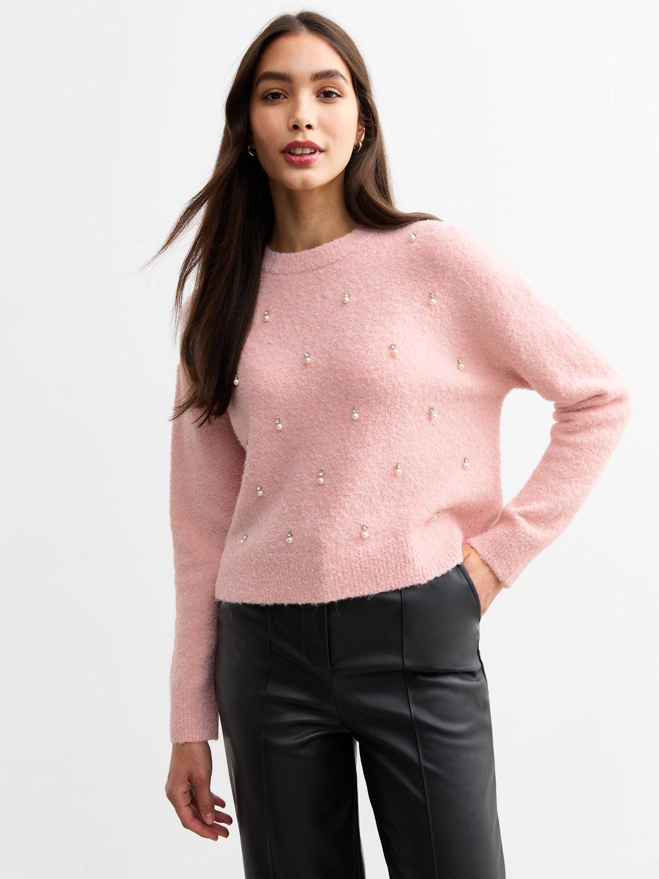 undefined Faux Pearl Embellished Bouclé Jumper - Pink