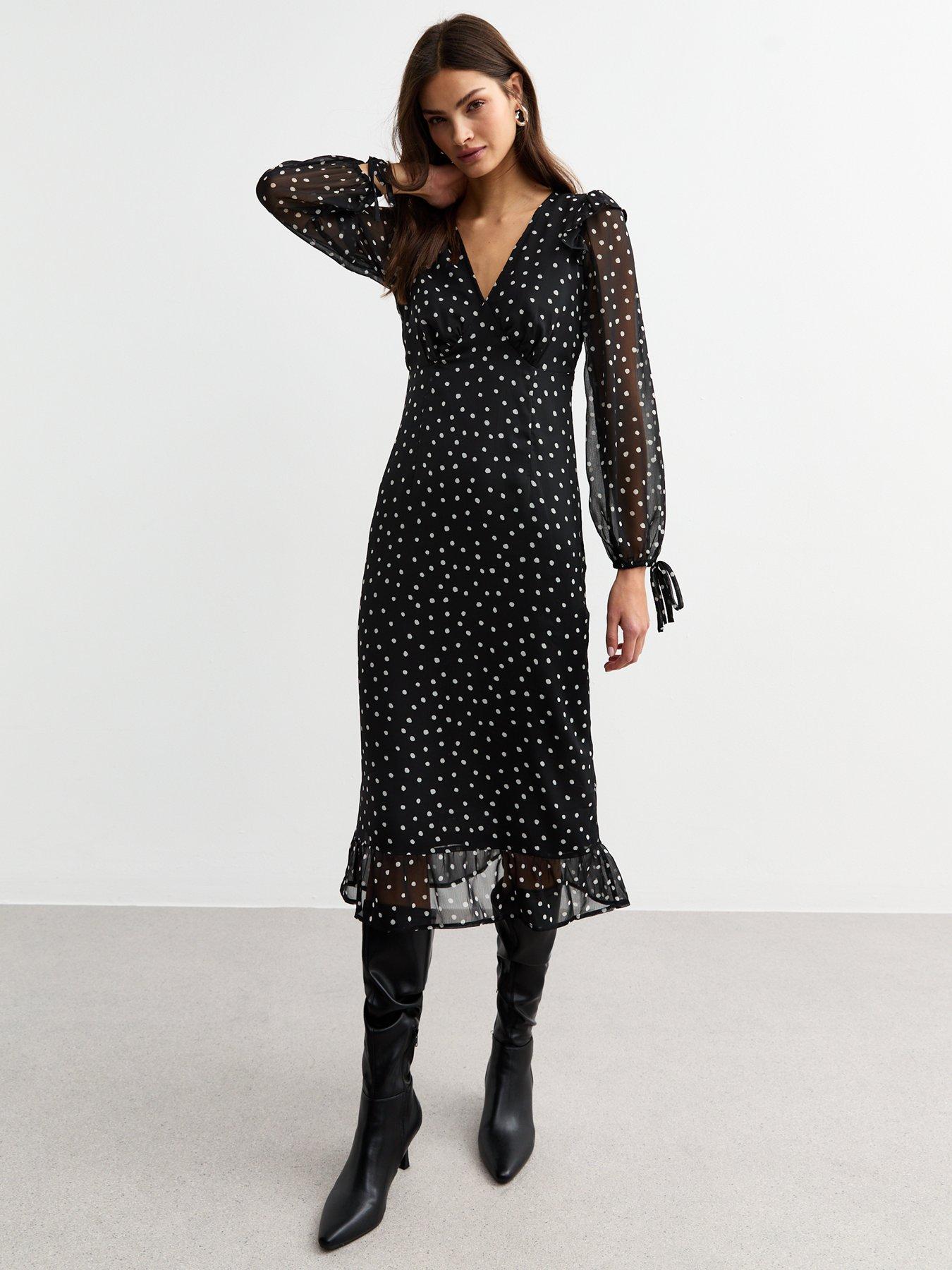undefined Spotted Ruffle Trim Chiffon Midi Dress - Black