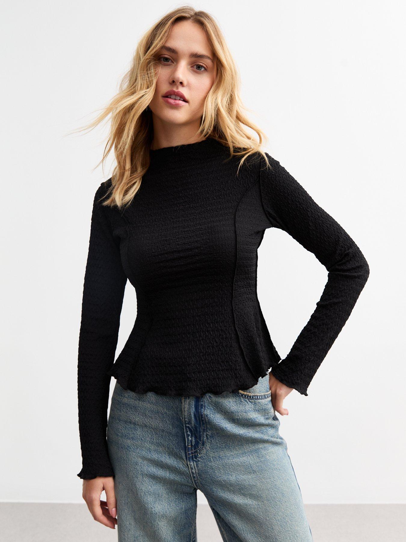 undefined Textured Exposed Seam Top - Black